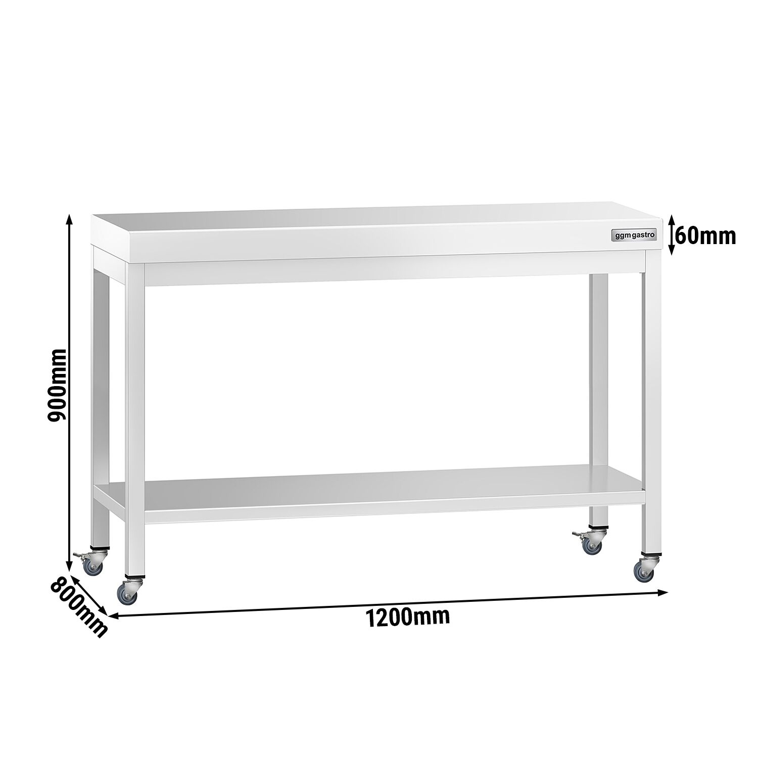 Table de travail en inox PREMIUM - 1200 x 800 mm - avec tablette inférieure et roulettes