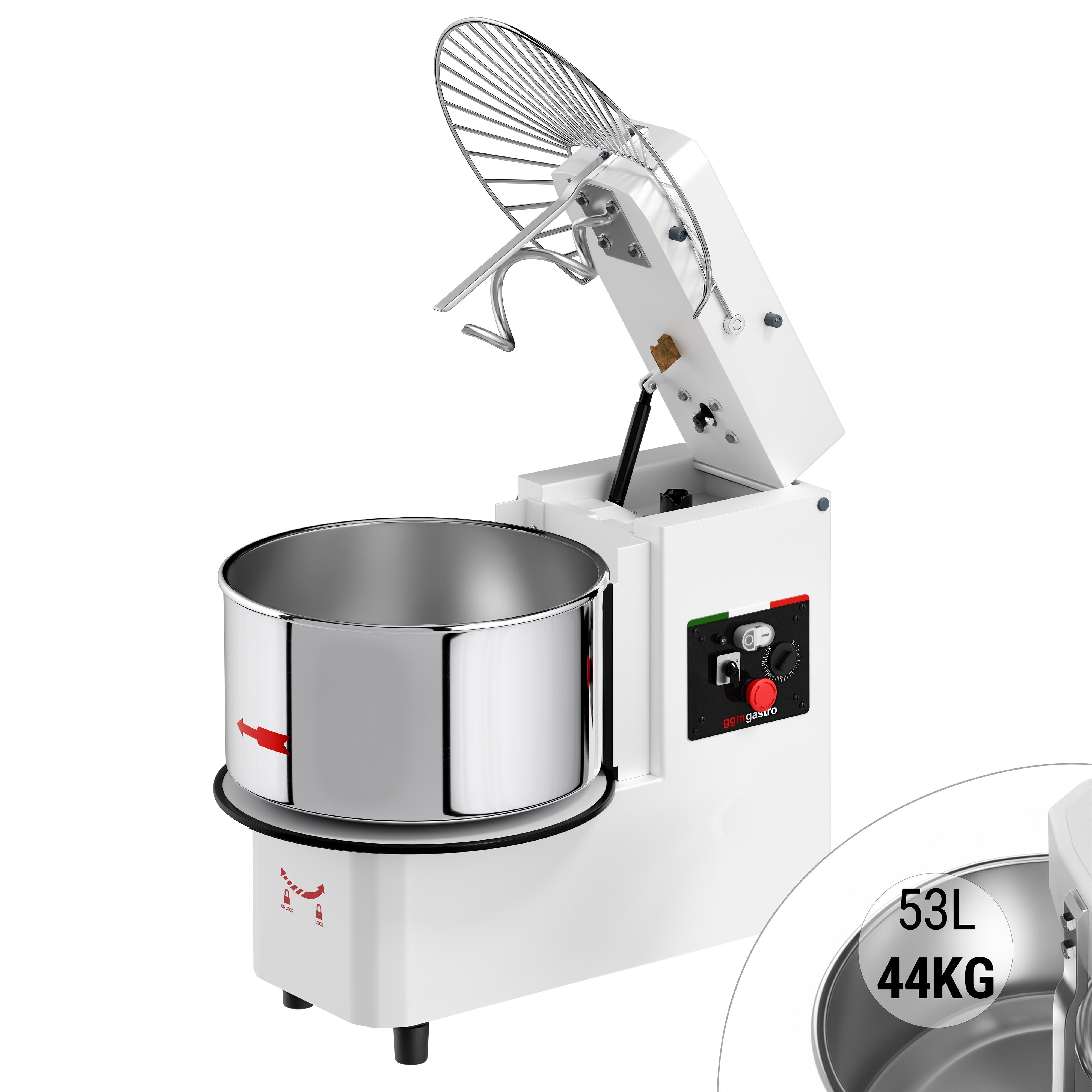 Pétrin à Pâte / Pétrin à spirale - 53 Litres / 44 kg - 2 Vitesses - Cuve Amovible & Tête Relevable - Fonction Minuterie