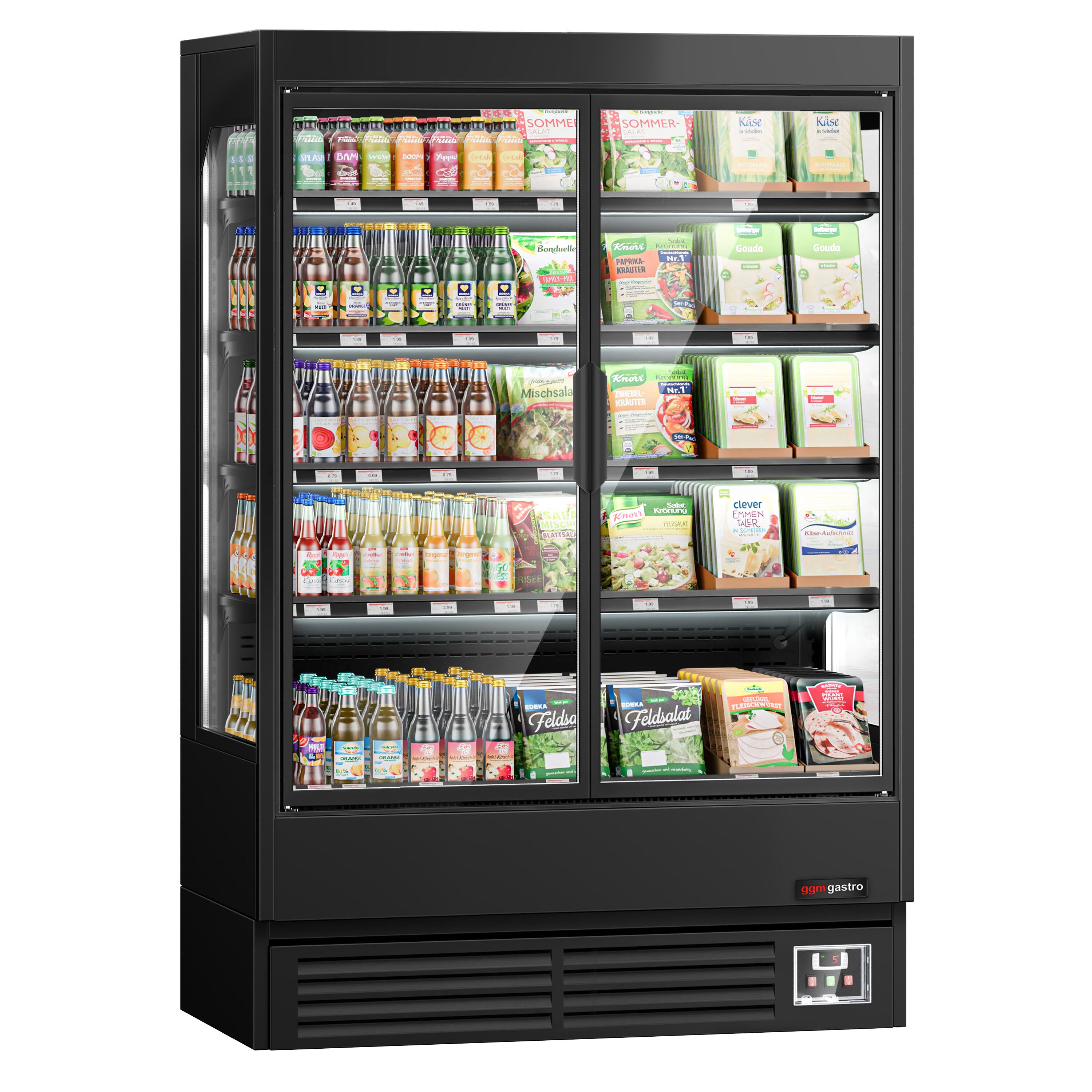 Vitrine murale réfrigérée - 1320mm - 595L - avec 2 portes battantes vitrées & 4 étagères - Noir