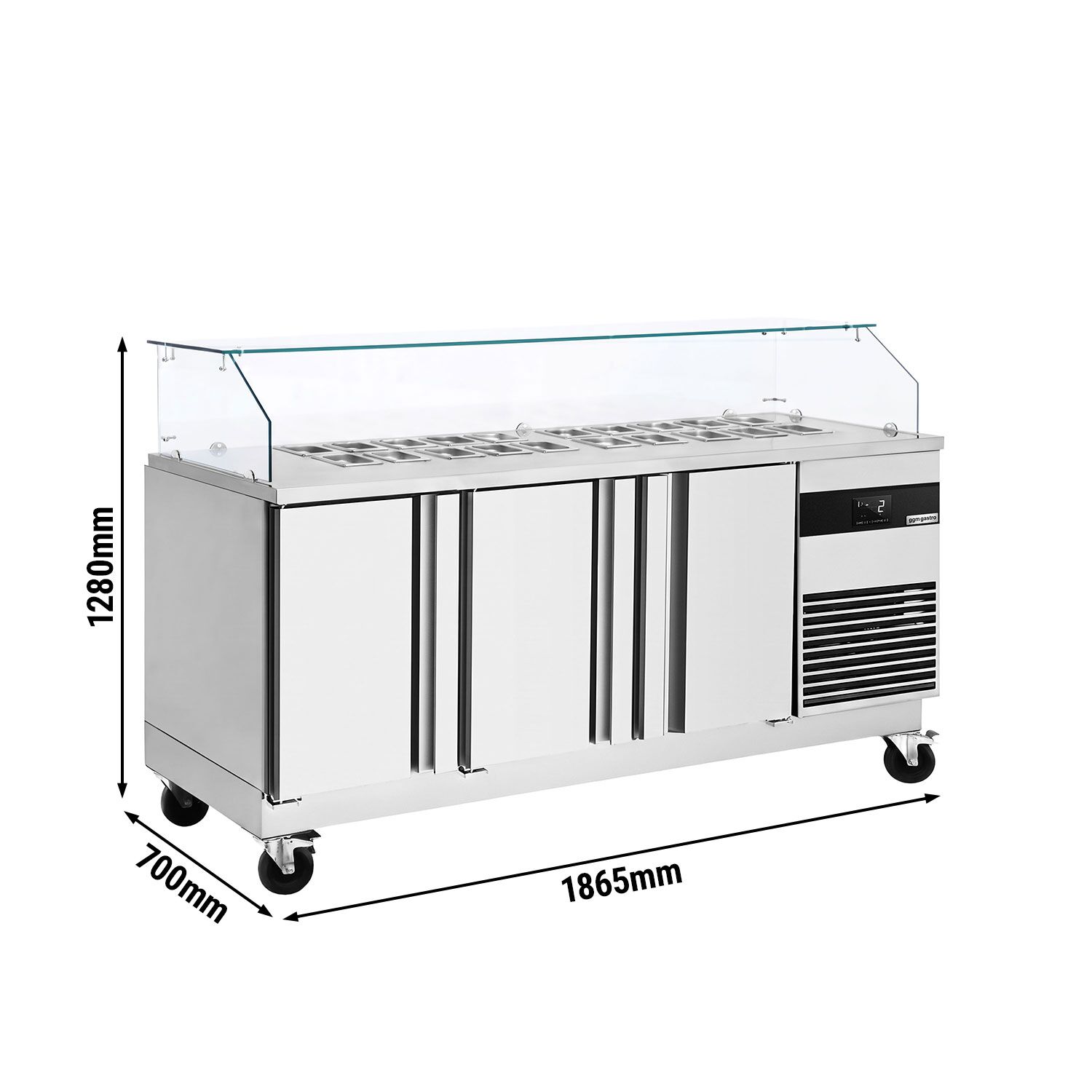 Saladette PREMIUM - 1860mm - 3 Türen - mit eckigem Glasaufsatz für 8x GN 1/6