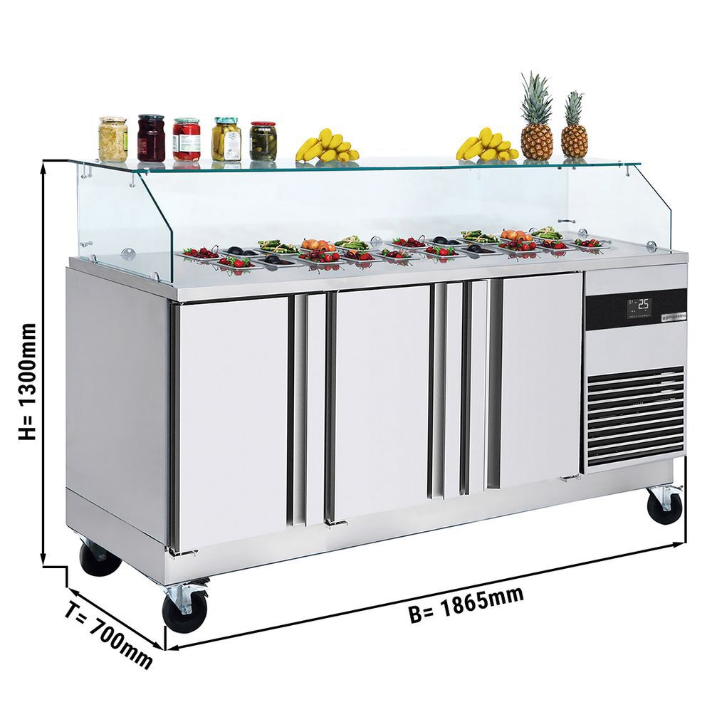 Commercial Saladette Counter PREMIUM - 1865mm - 3 doors - with square glass canopy for 8 x GN 1/6
