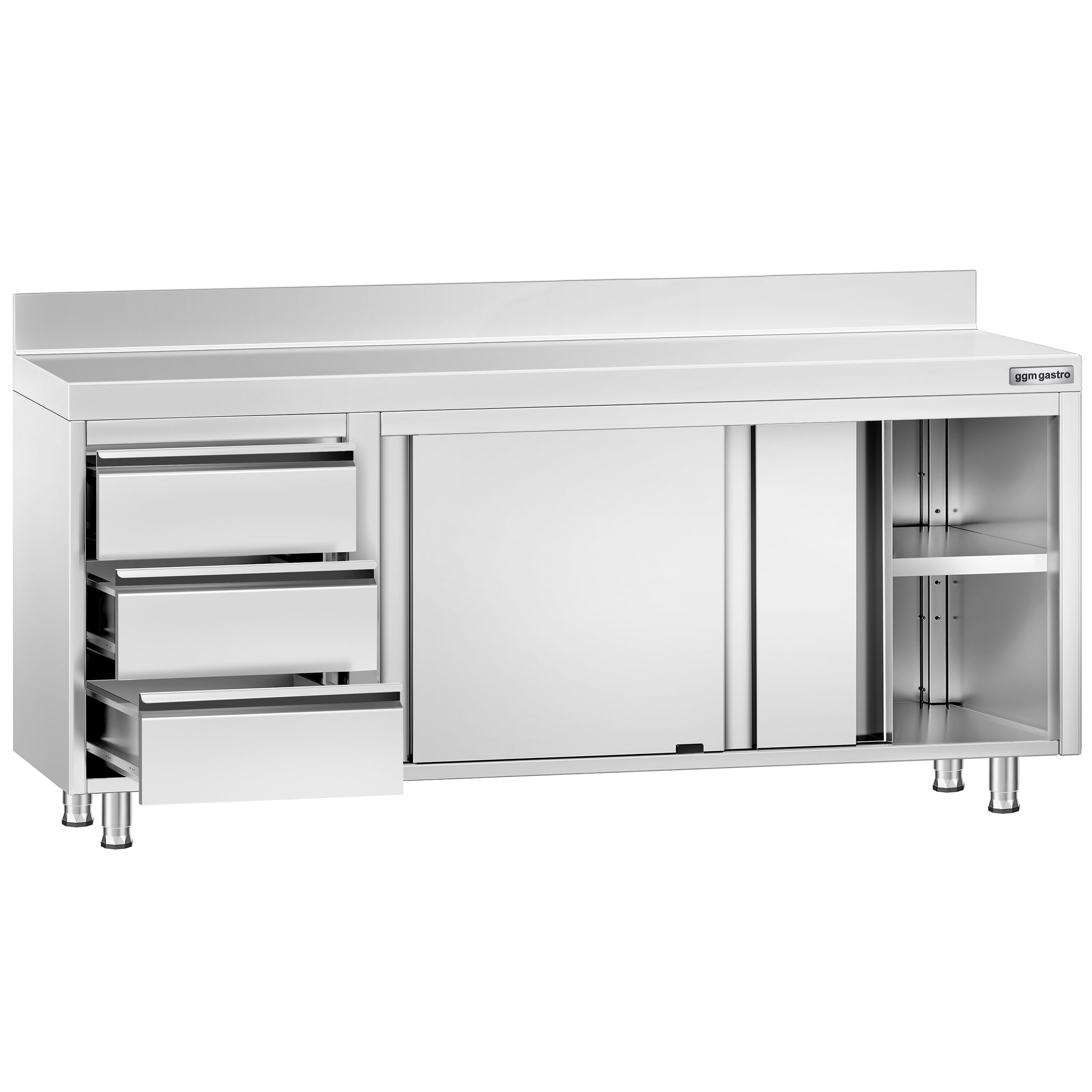 Table armoire en acier inoxydable PREMIUM - 2000x700mm - avec 3 tiroirs à gauche et portes coulissantes et étagère basse - avec dosseret