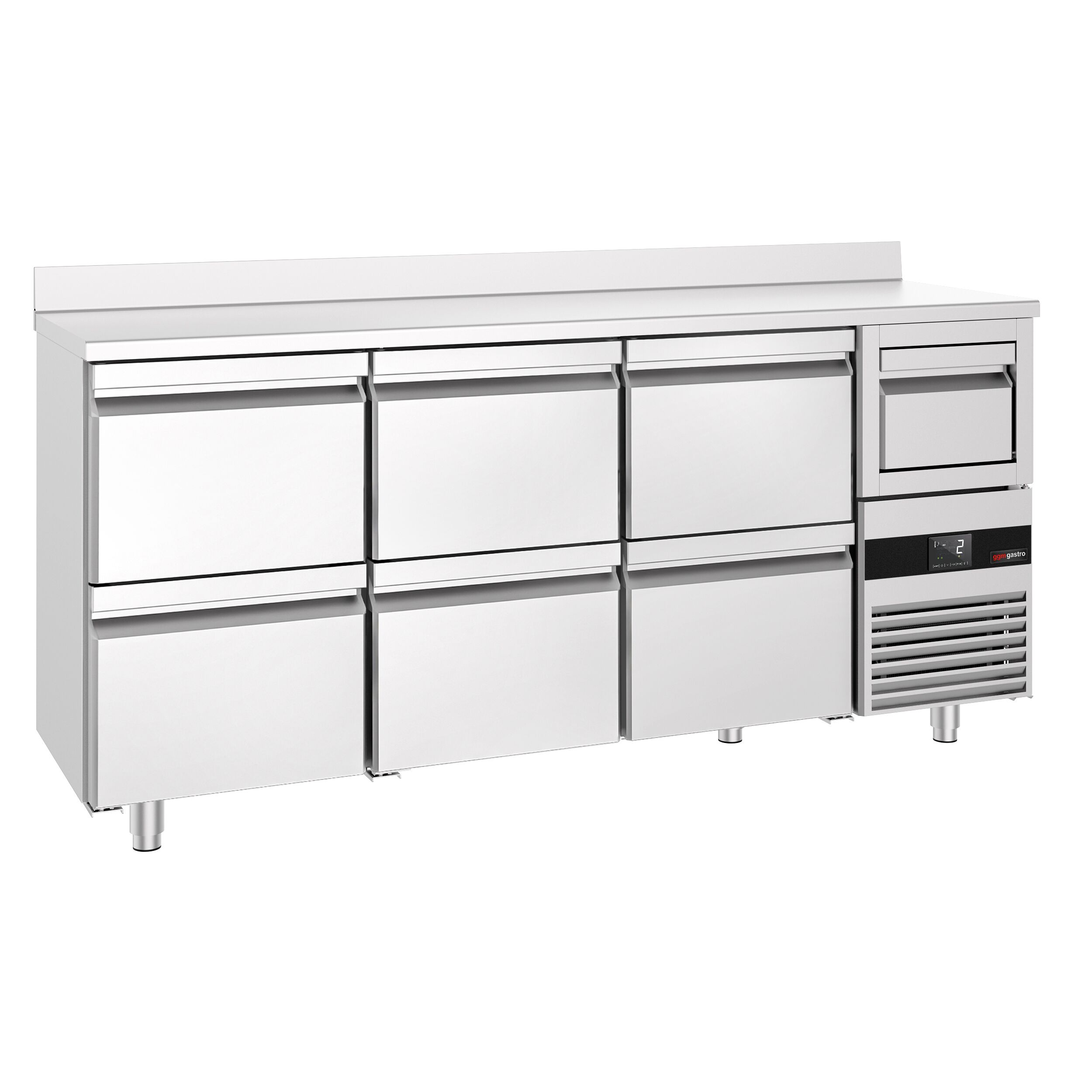 Barkylbänk PREMIUM - 2135x600 mm - 570 liter - 6 lådor GN 1/2, stänkkant & utklopp för kaffe