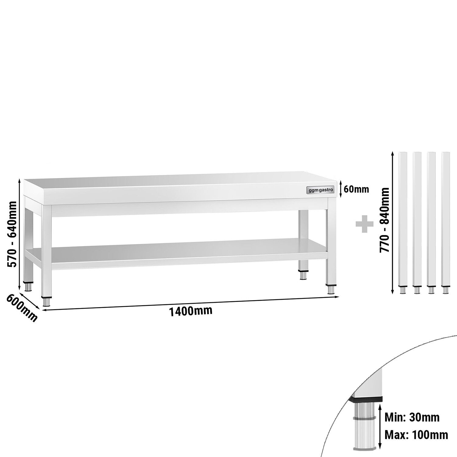 Table de travail en acier inoxydable PREMIUM - 1400x600mm - avec étagère basse
