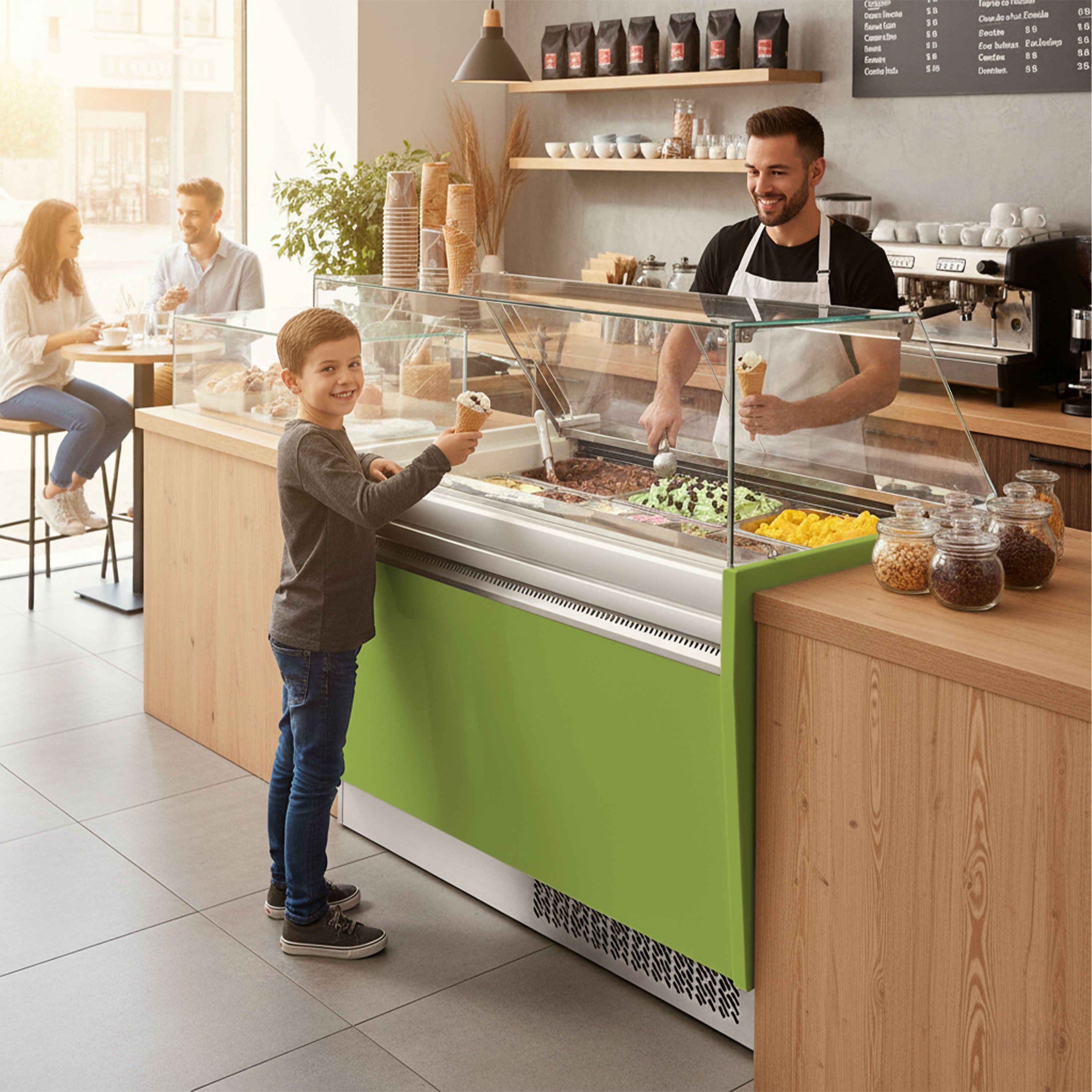 Vitrine à glace LIAM – 1310 mm – refroidissement statique – pour 10+10 bacs à glace de 5 litres – Vert clair