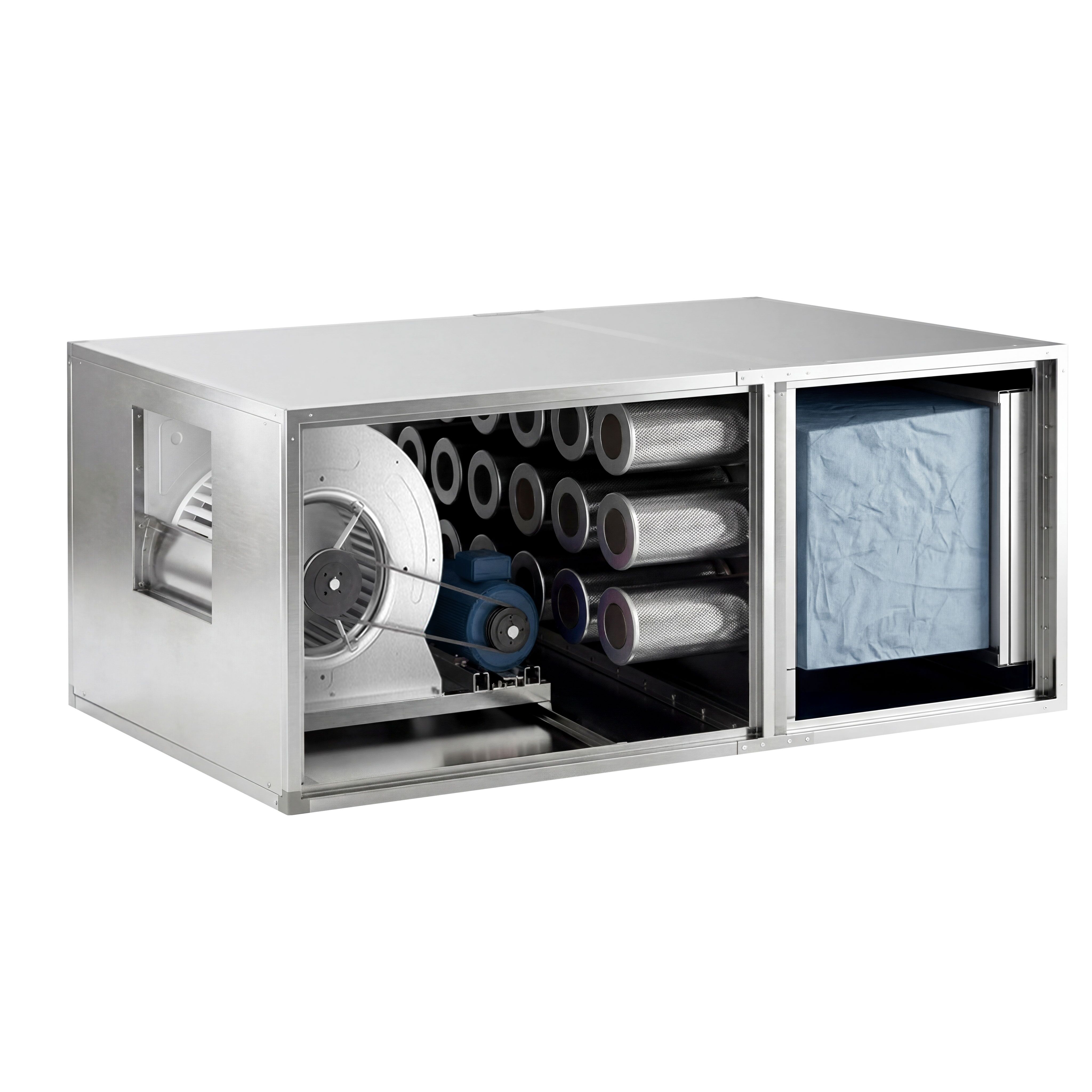 Système de purification d’air extrait avec moteur – 3 500 m³/h – taux de séparation 70 % – avec préfiltre, filtre à poches et filtre à charbon actif