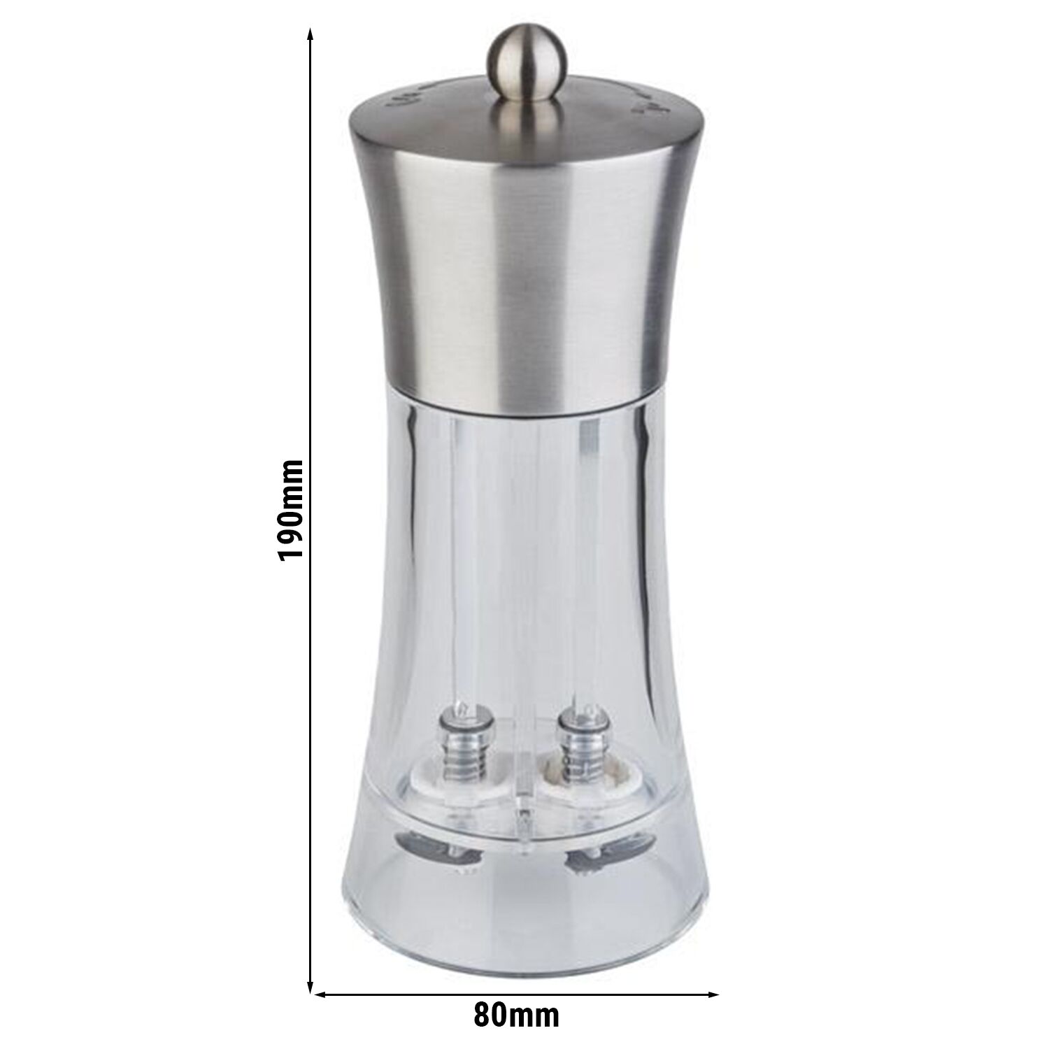 (6 pièces) Moulin sel & poivre 2 en 1 – Acrylique – Hauteur : 190 mm – Transparent