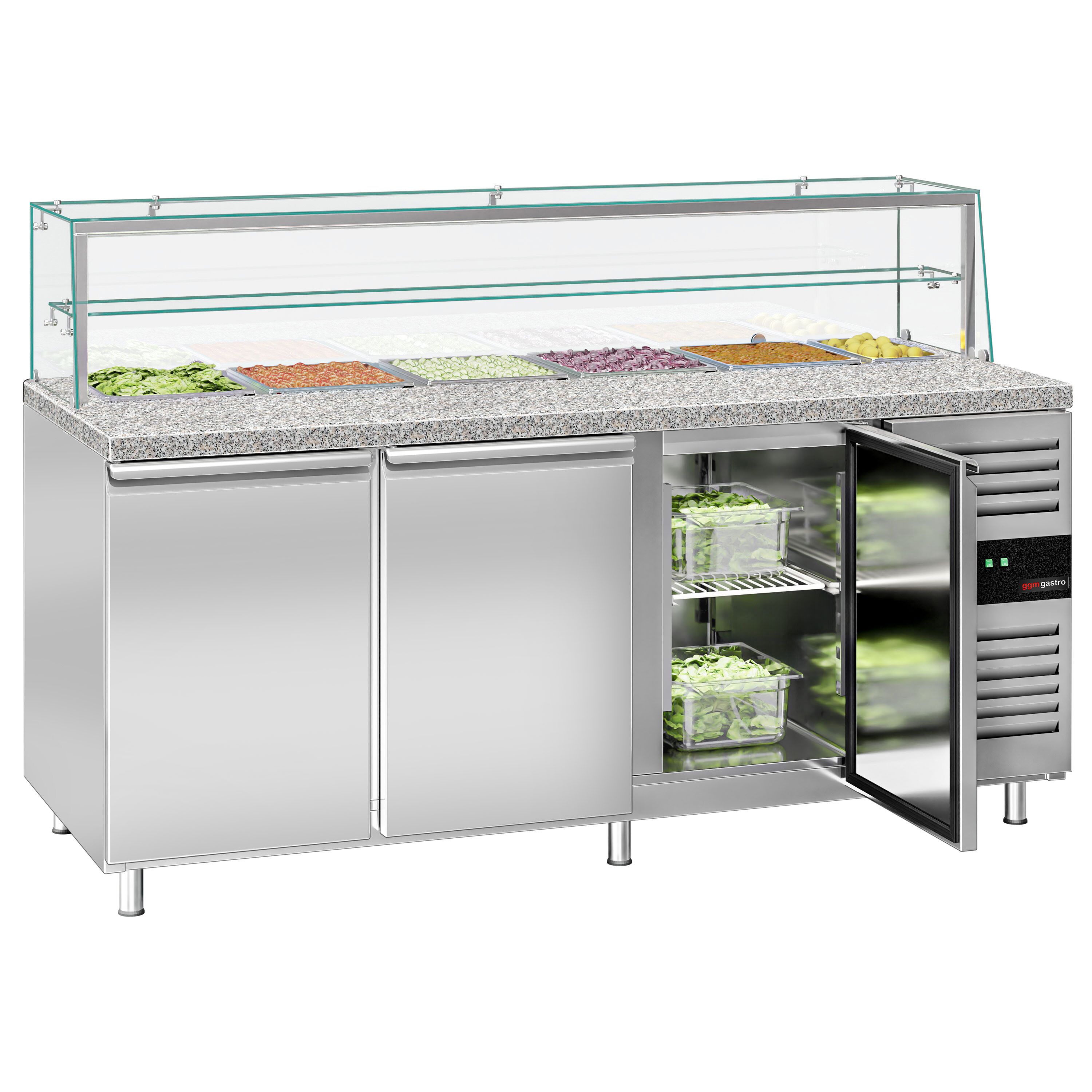 Saladette réfrigérée PREMIUM - 2020mm - 580L - 3 portes - avec vitrine de comptoir pour 5x GN 1/1 & 1x GN 2/4 & 1 étagère - plan de travail en granit noir