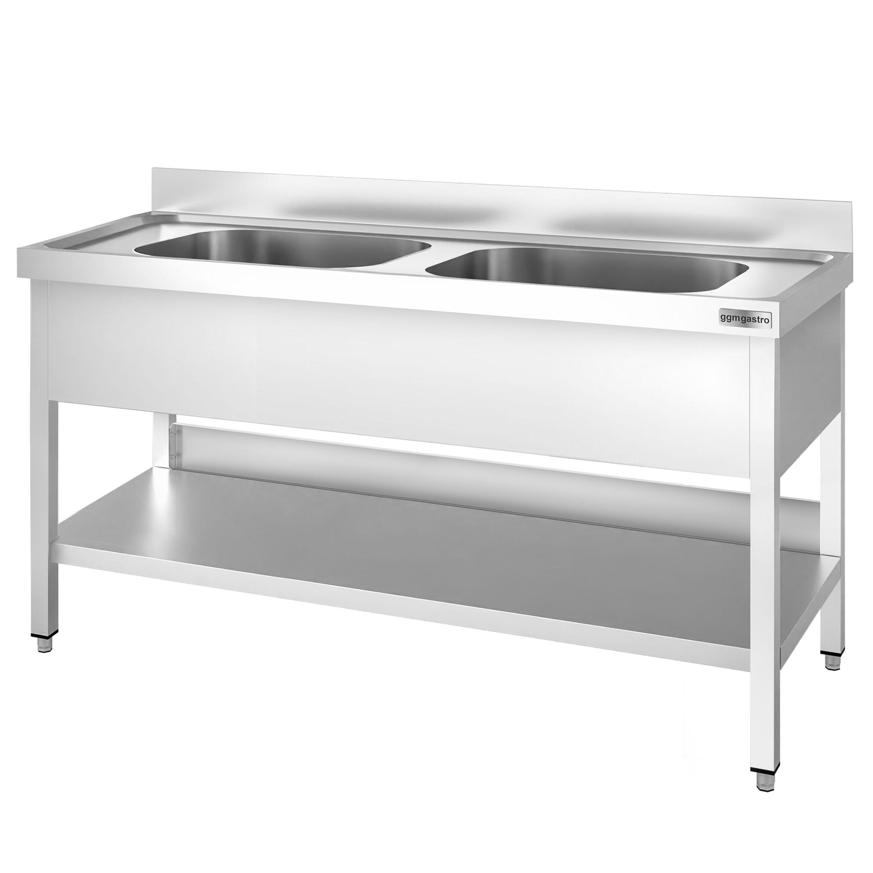 Plonge en inox PREMIUM - 1400x700mm - avec étagère basse - 2 bacs au centre