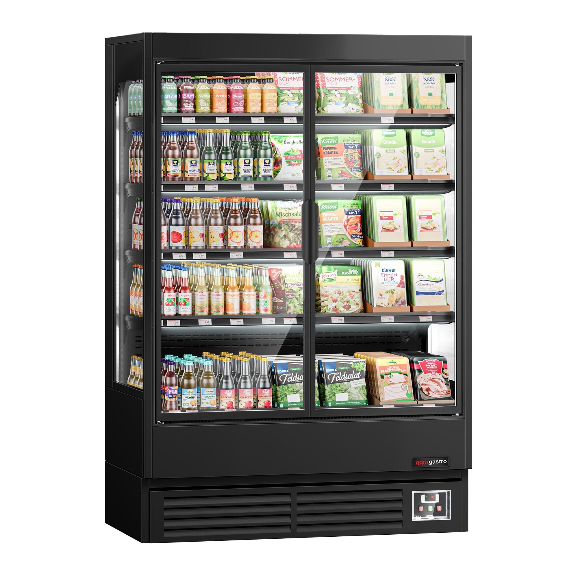 Vitrine murale réfrigérée - 1320mm - 595L - avec 2 portes battantes vitrées & 4 étagères - Noir