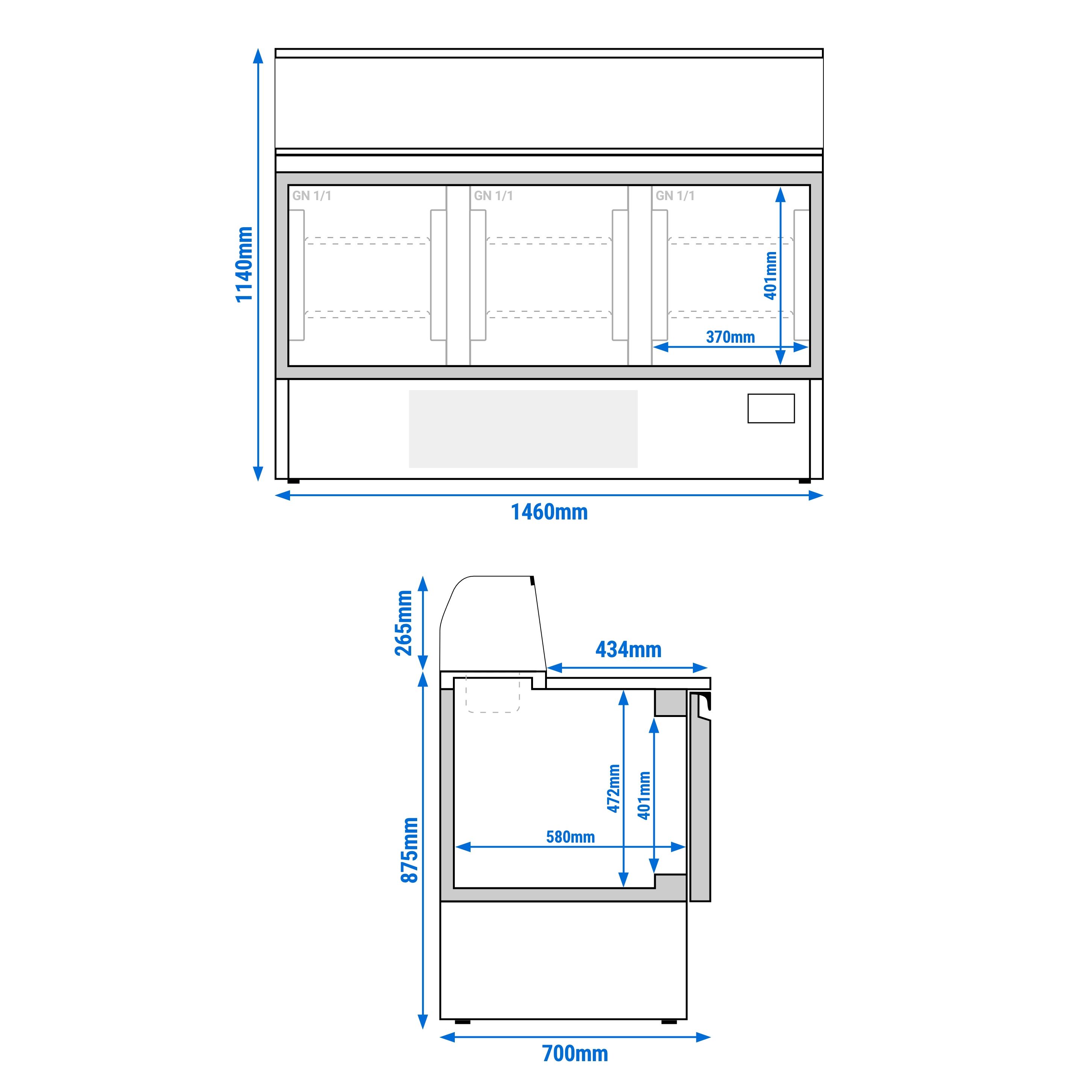 Saladette réfrigérée PREMIUM PLUS - 1460mm - 355L - 3 portes - avec vitrine de comptoir pour 8x GN 1/6 - plan de travail en granit noir