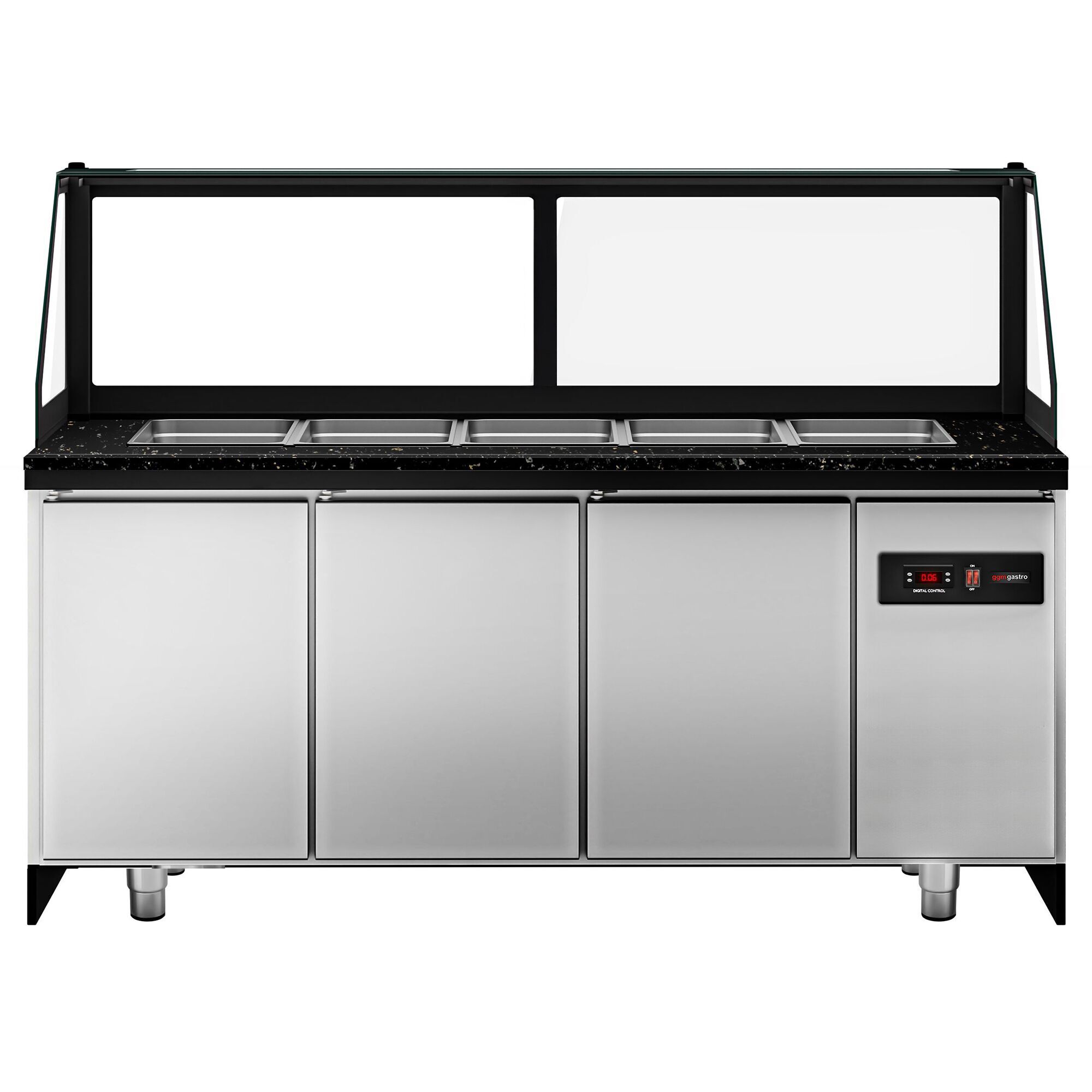 Saladette réfrigérée TORONTO - 2000mm - façade noire - 3 portes - avec vitrine de comptoir pour 5x GN 1/1 & 1 étagère - plan de travail en granit noir - 1200L
