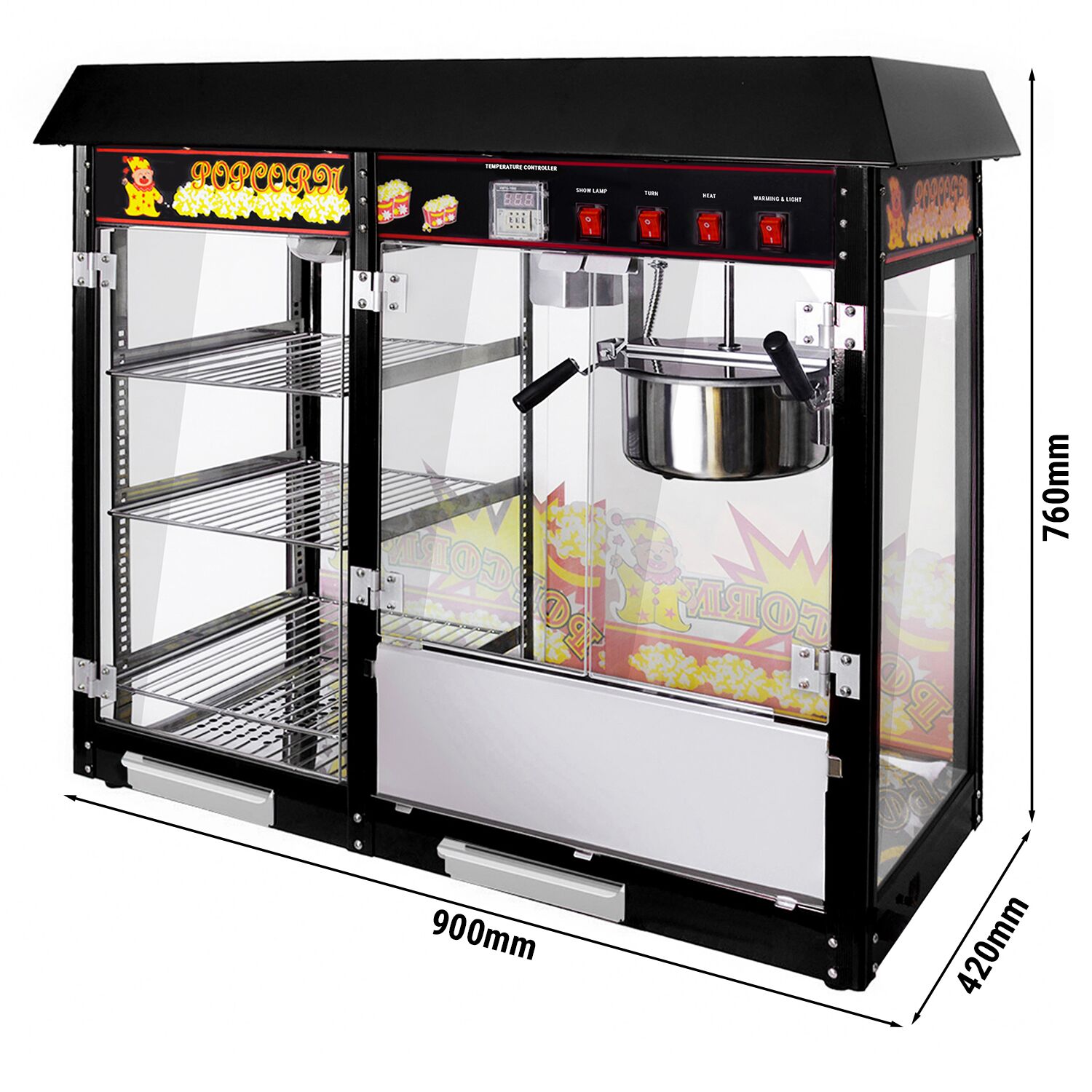 Machine à pop-corn professionnelle - 1,70kW - 5kg/h - avec 1 marmite(s) + 3 étagères chauffantes - Noir