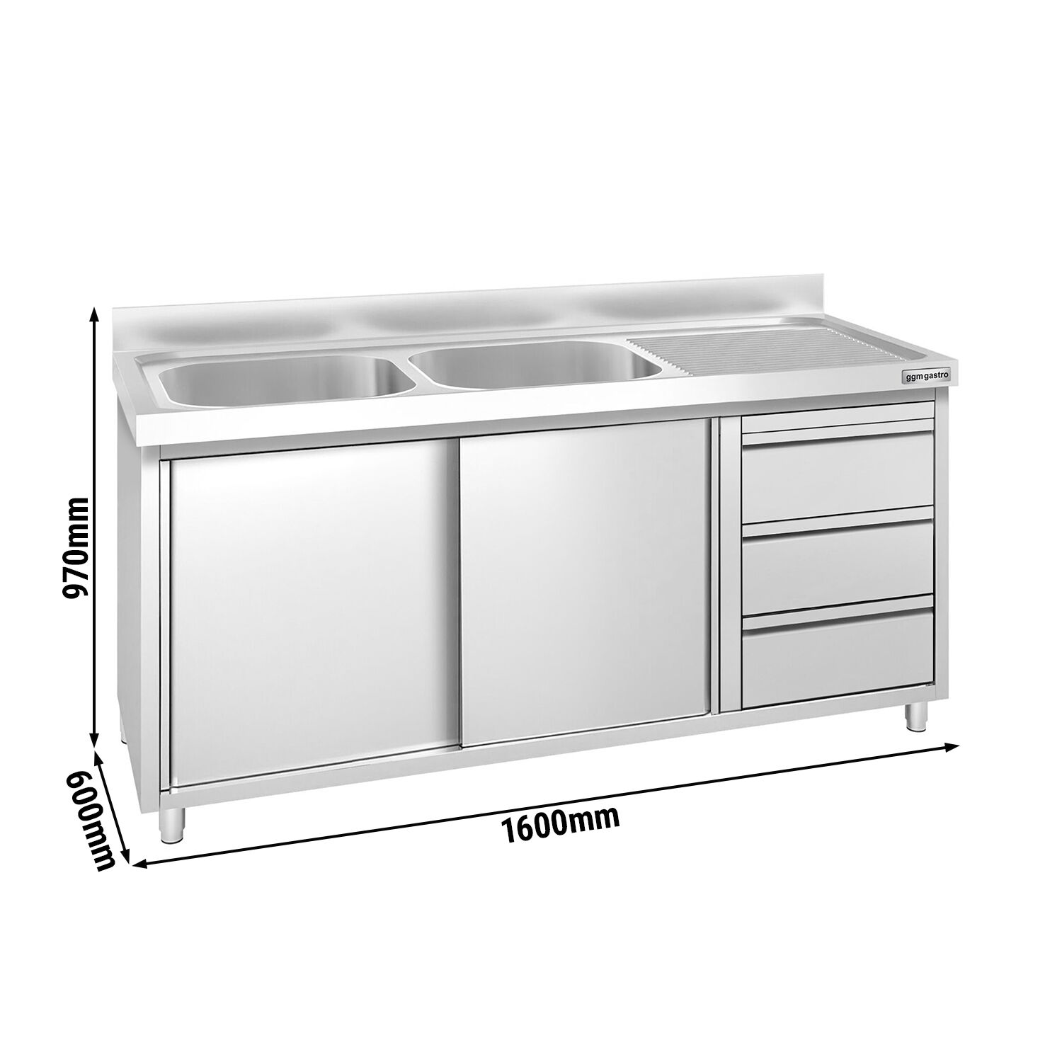 Meuble plonge PREMIUM - 1600x600mm - 2 bacs - 3 tiroirs