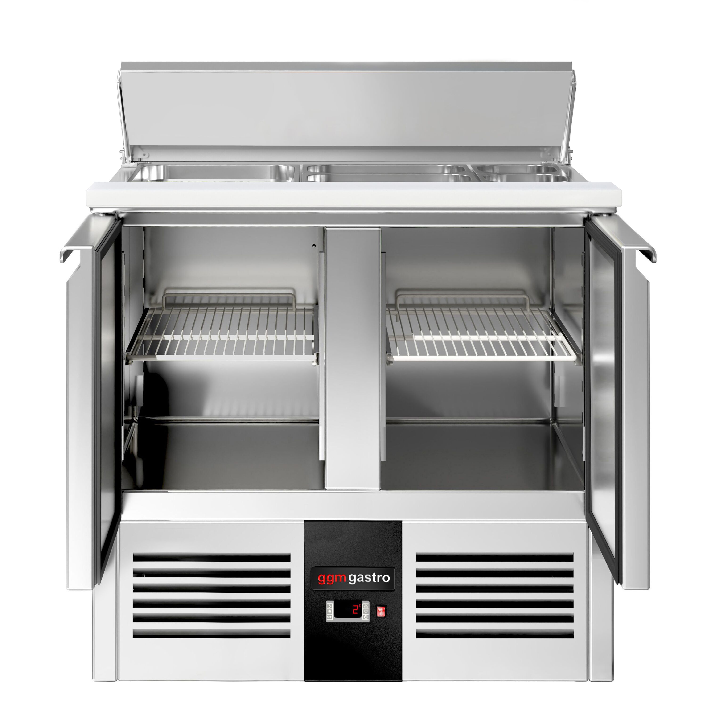 Saladette réfrigérée PREMIUM - 903mm - 240L - 2 portes - pour 2x GN 1/1 & 3x GN 1/6 & Couvercle inox