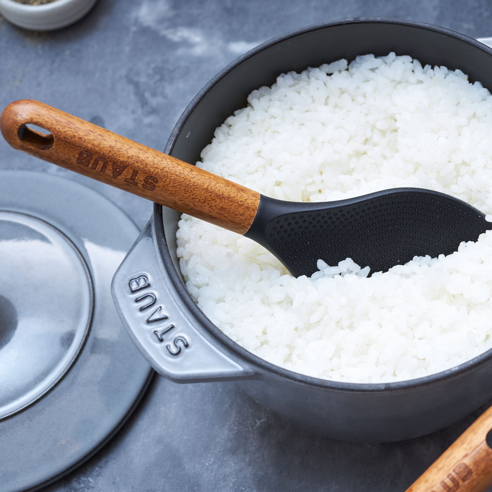 STAUB | Rice Serving Spoon – Silicone Head - Acacia Wood Handle - Non-Stick Safe - 22 cm - Black