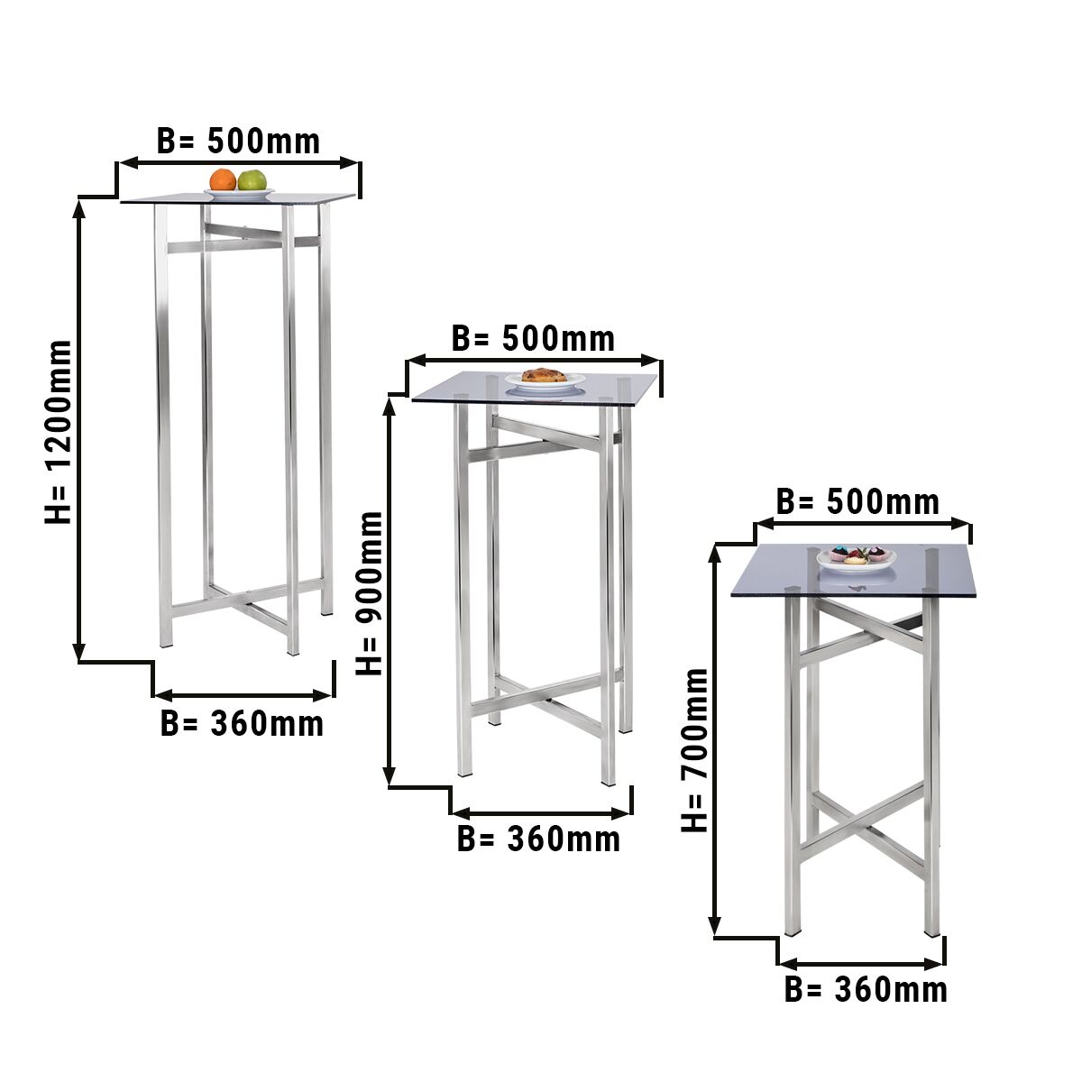 (3 st) Sidobord set - fällbart - Höjd: 700, 900 & 1 200 mm