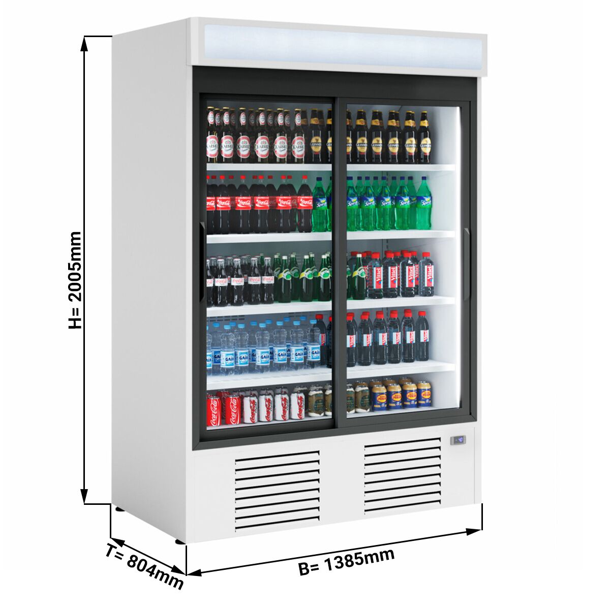 Commercial Beverage Display Fridge - 1385mm - 1300 Litres - with 2 hinged glass doors - LED lighting - digital controller with temperature display - Temperature range 4 to 6 °C