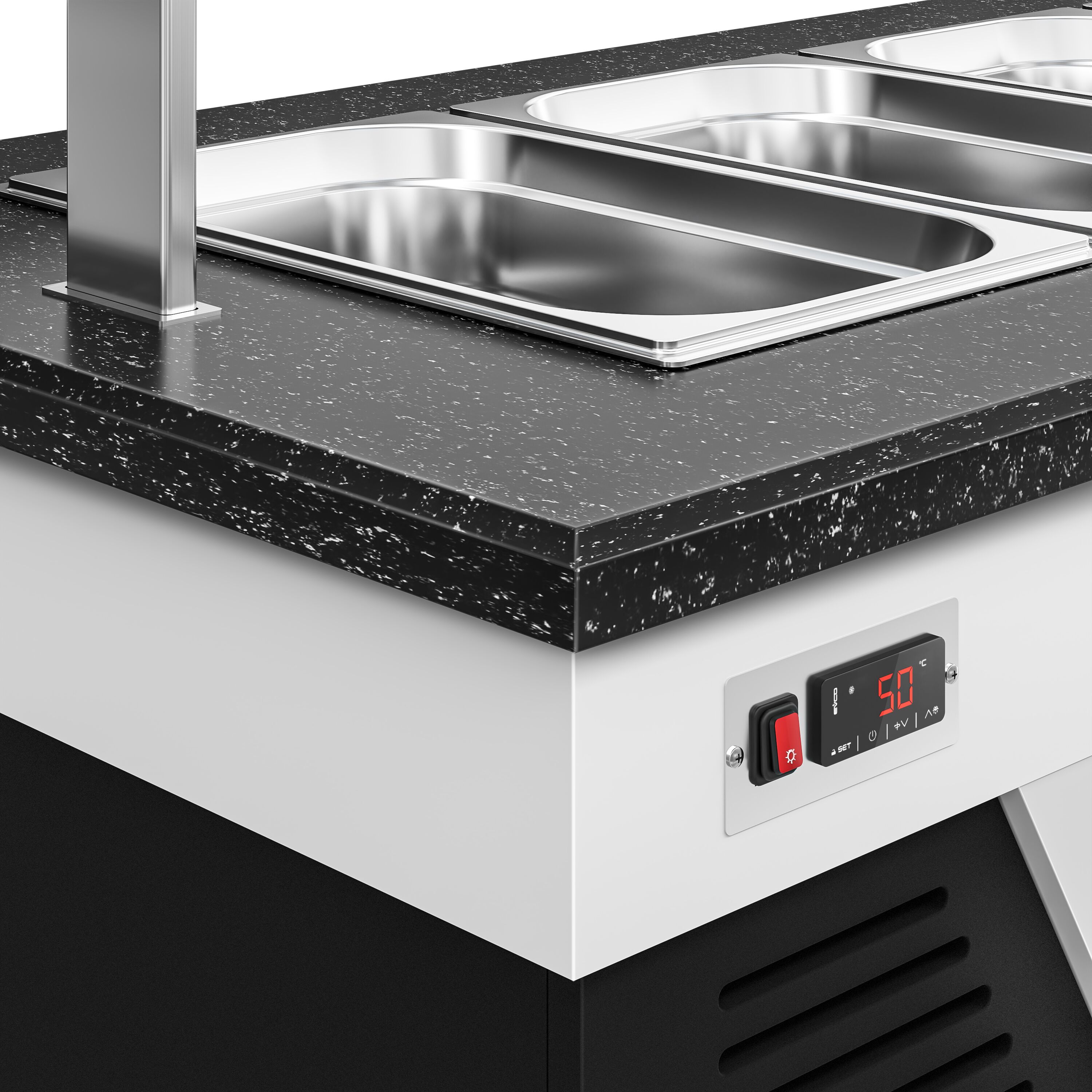 Heated Bain Marie Counter BELFAST - 1600mm - with Bain Marie Well + Flat Glass Sneeze Guard - on Castors - for 4x GN 1/1 - Black