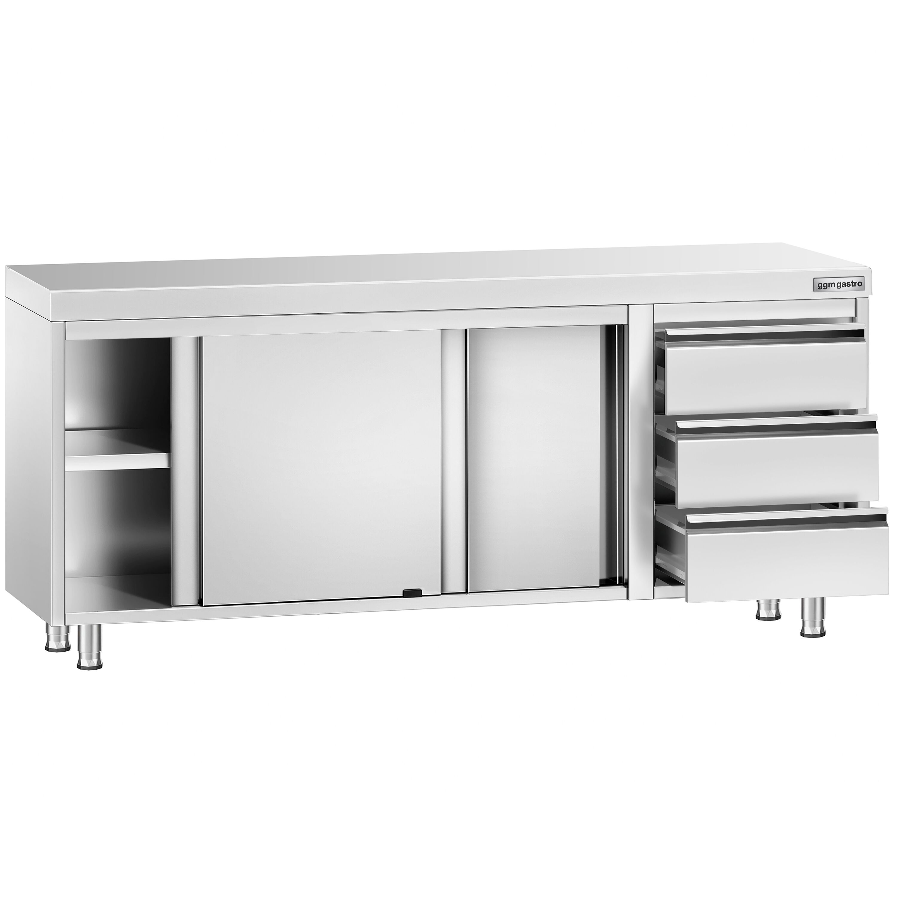 Table armoire en acier inoxydable PREMIUM - 2000x600mm - avec 3 tiroirs à droite et portes coulissantes et étagère basse