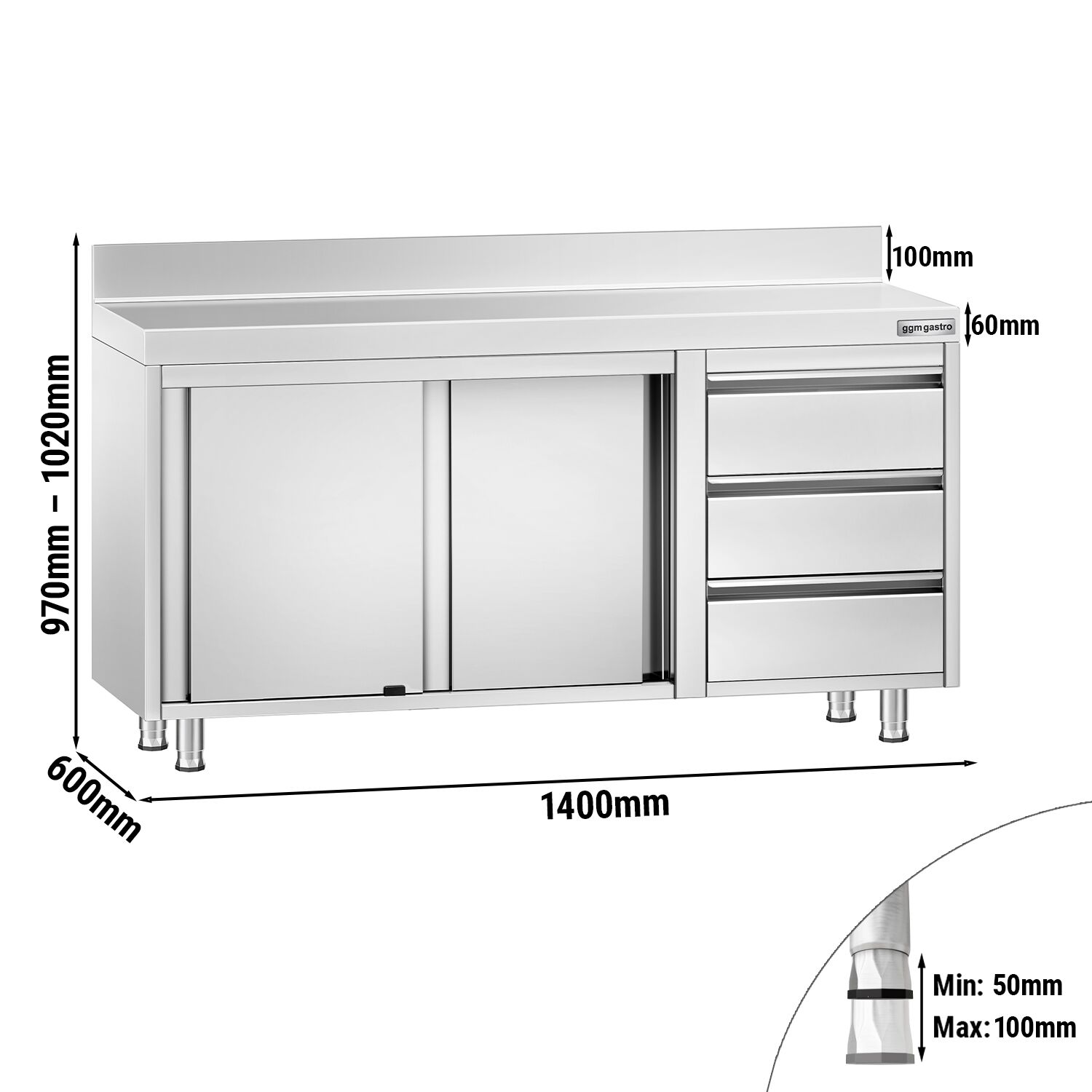 Table armoire en acier inoxydable PREMIUM - 1400x600mm - avec 3 tiroirs à droite et portes coulissantes - avec dosseret