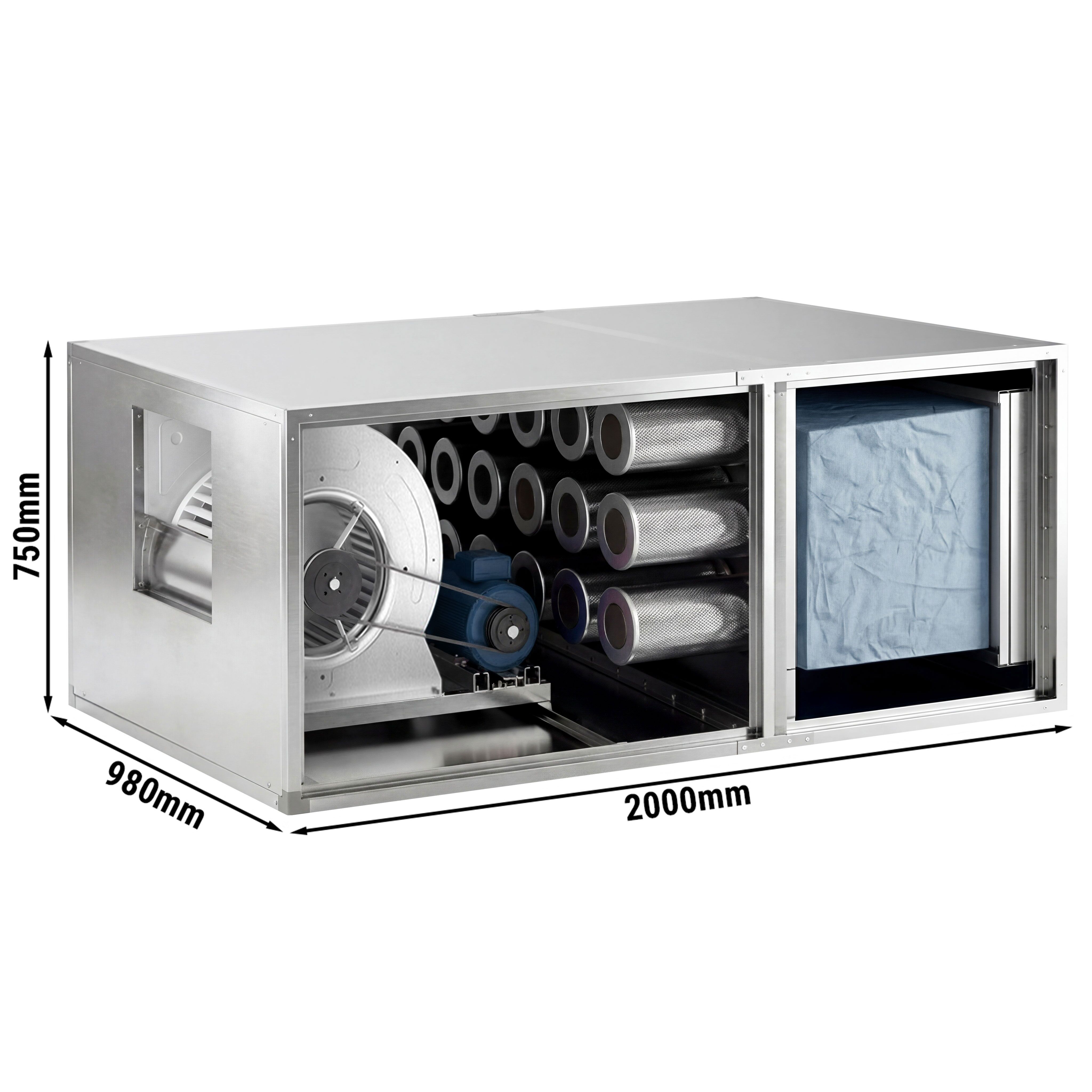 Système de purification d’air extrait avec moteur – 5 400 m³/h – taux de séparation 70 % – avec préfiltre, filtre à poches et filtre à charbon actif
