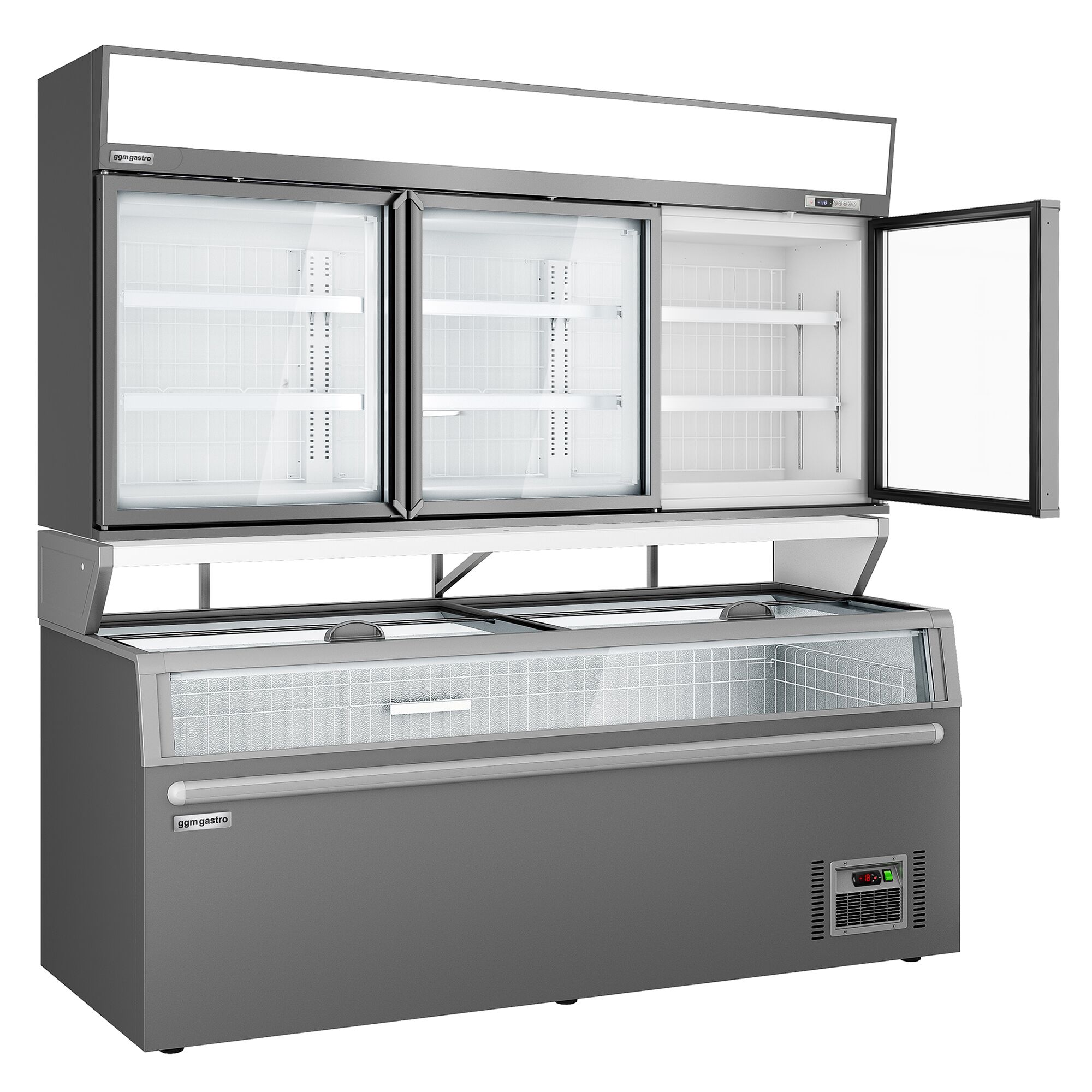 Vitrine murale de congélation pour supermarché - 3 portes - avec îlot de congélation inclus - Gris
