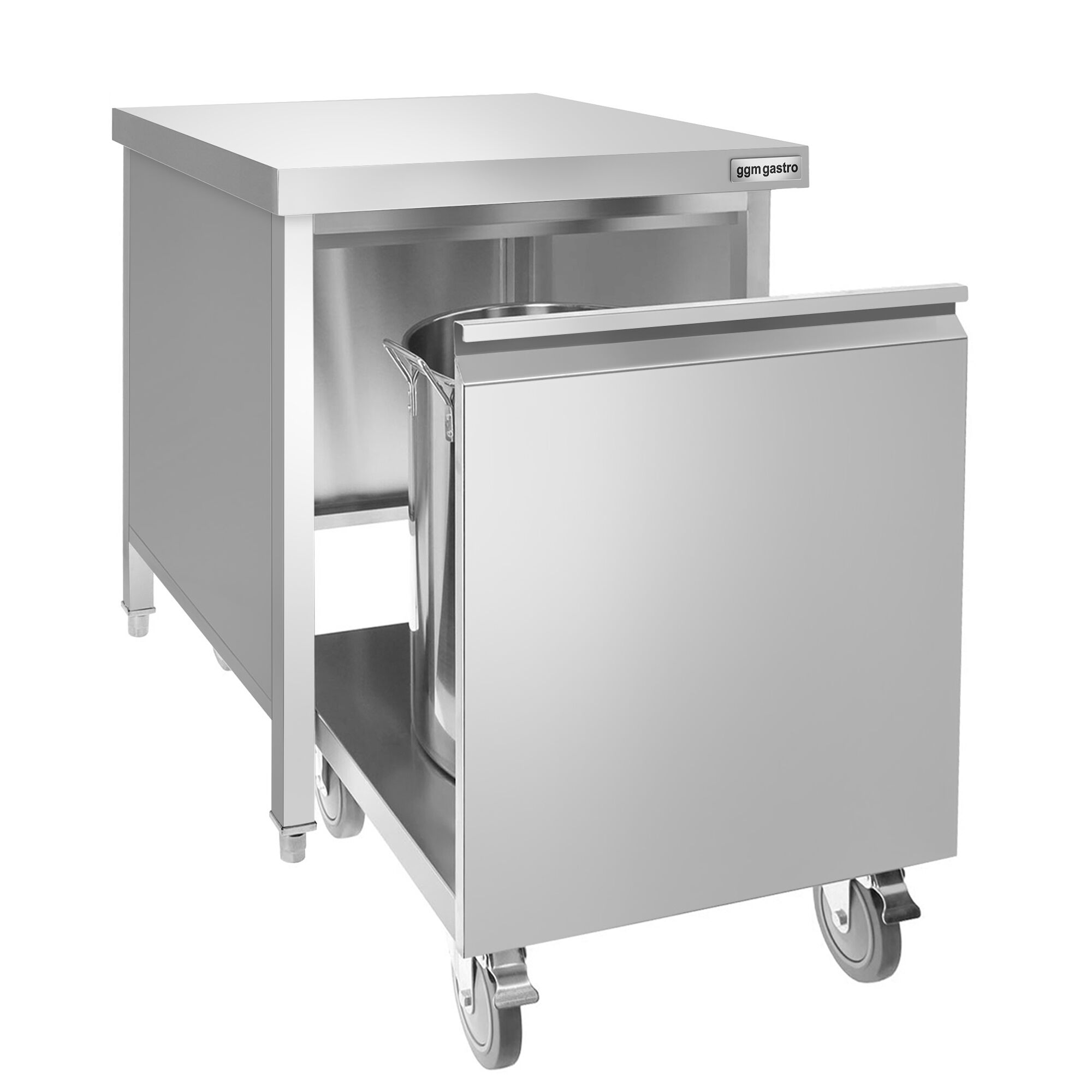 Poubelle - Carénée, avec roll-container - 50L - 700x870x700mm - avec bac intérieur amovible, ouverture d’insertion, fermeture douce - Acier inoxydable