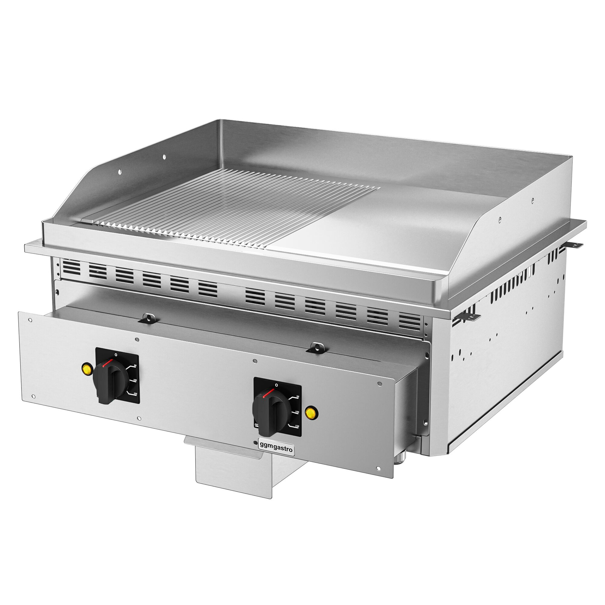 Plancha électrique - plaque acier - 9,0 kW - 1/2 lisse, 1/2 rainurée - Surface de cuisson : 800x765mm