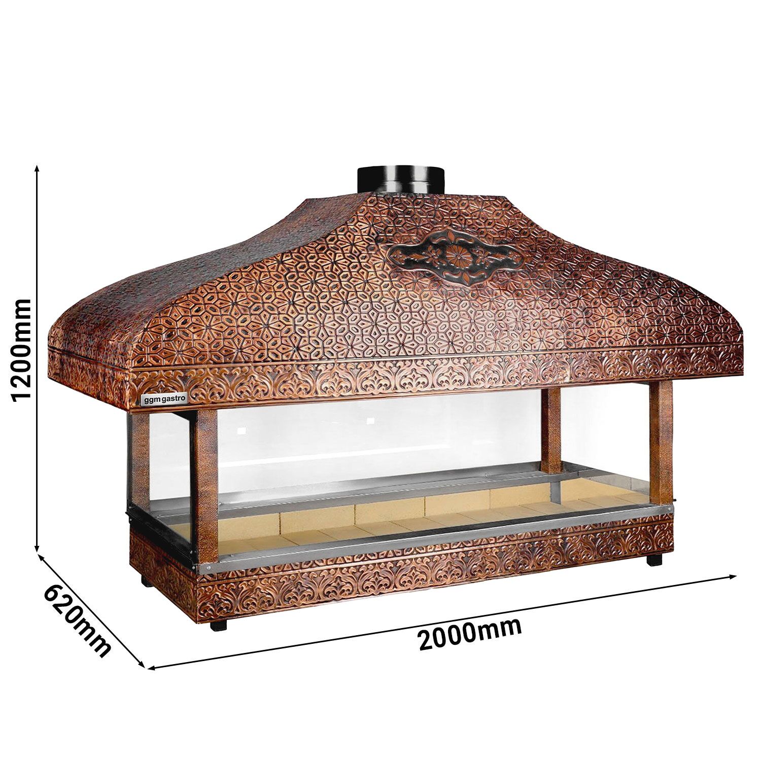 Copper Charcoal Grill - 2000mm - Grill grate: 1800x500mm