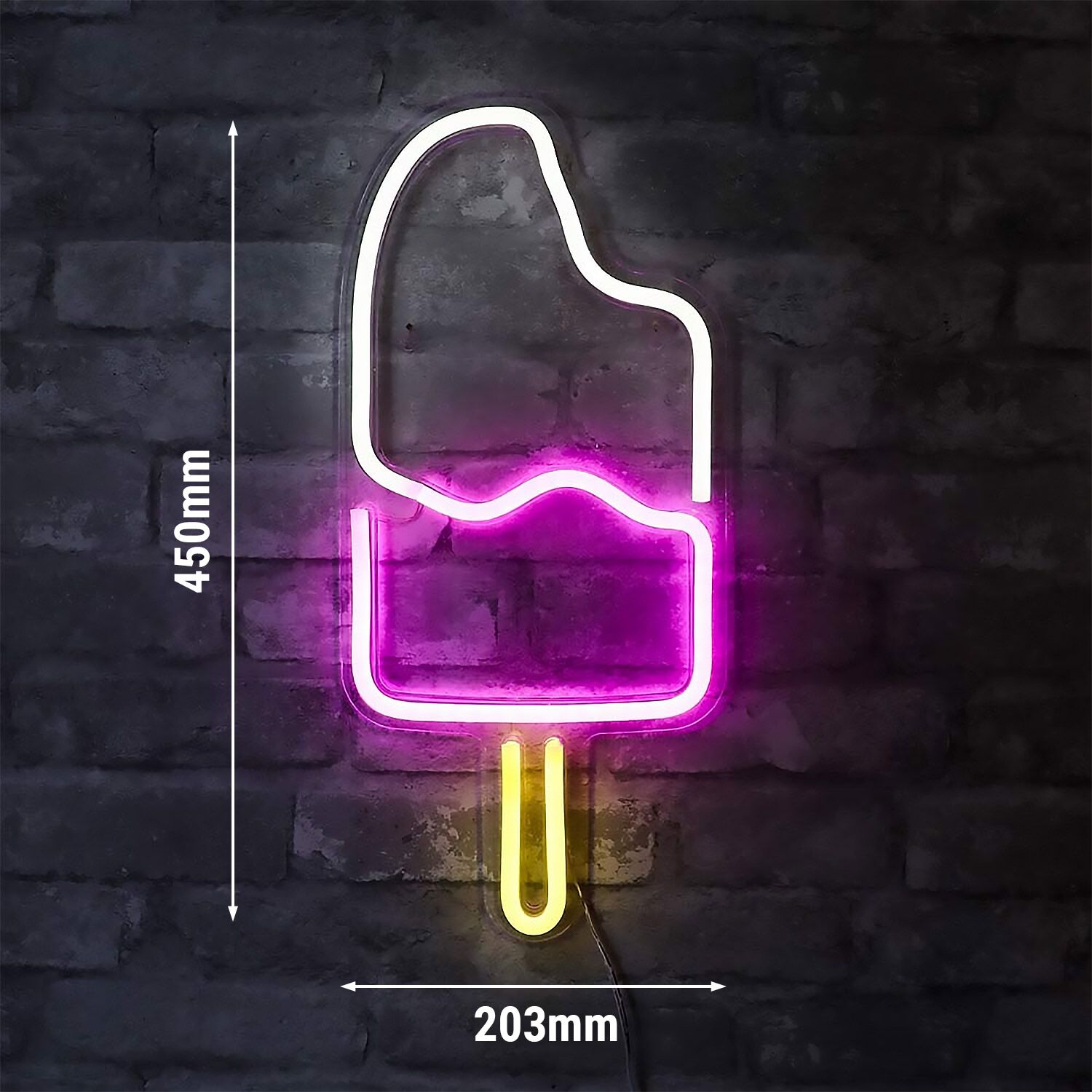 LED Neon Sign - Ice Cream - White/Pink/Yellow - 450x203mm