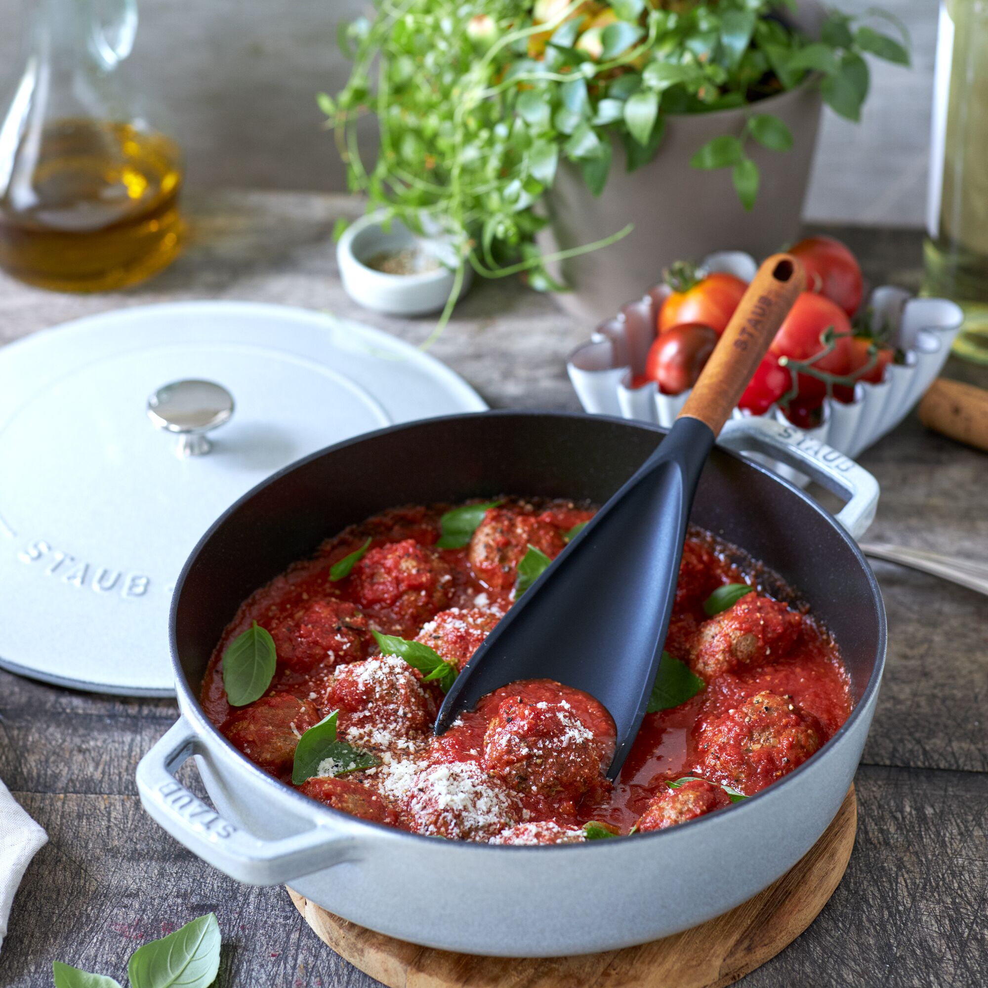 STAUB | Silicone Cooking & Serving Spoon – 30 cm - Black - Acacia Handle - Non-stick Safe