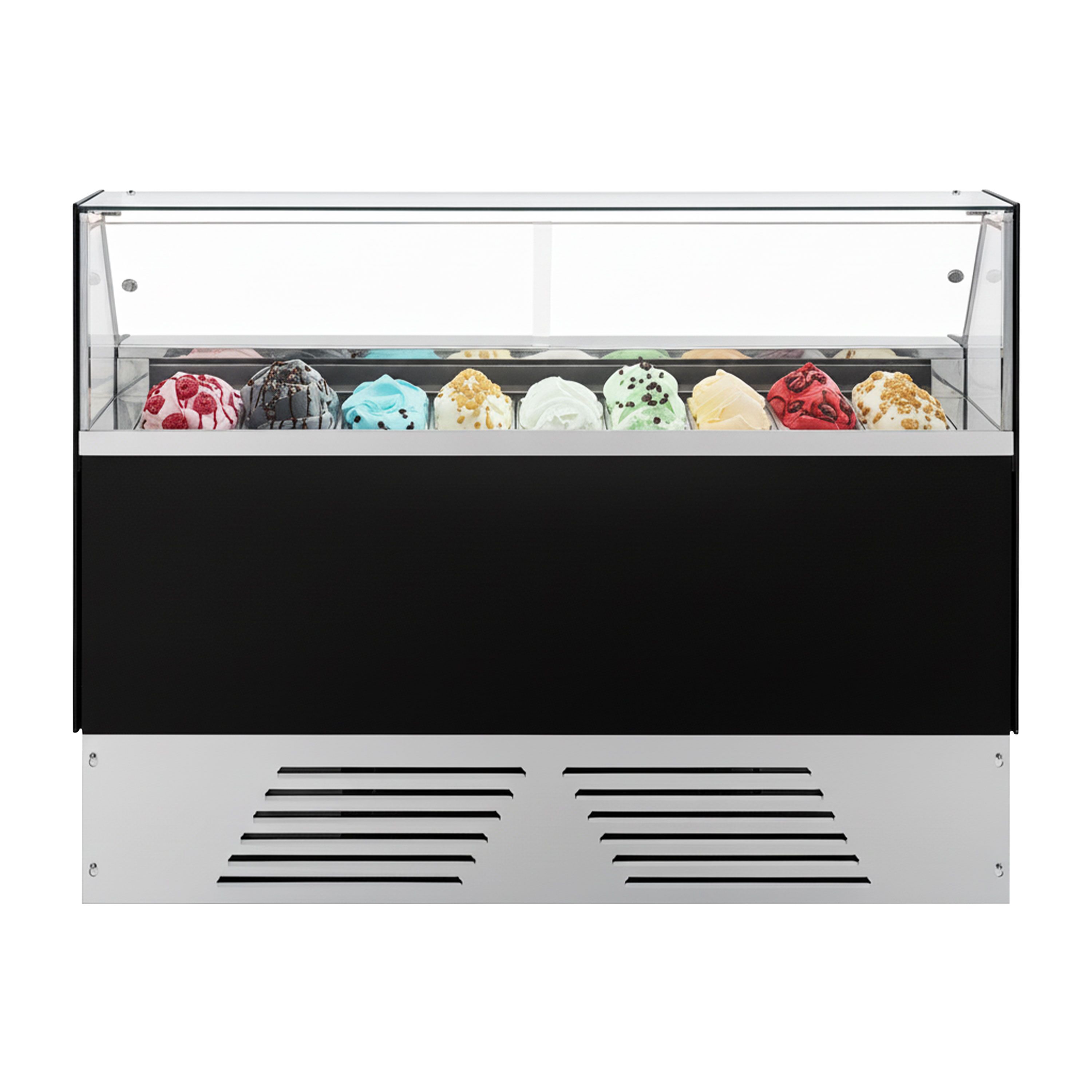 Vitrine à glace EMMA – 1710 mm – refroidissement ventilé – pour 9 bacs à glace de 5 litres ou 6 bacs de 7 litres – Noir