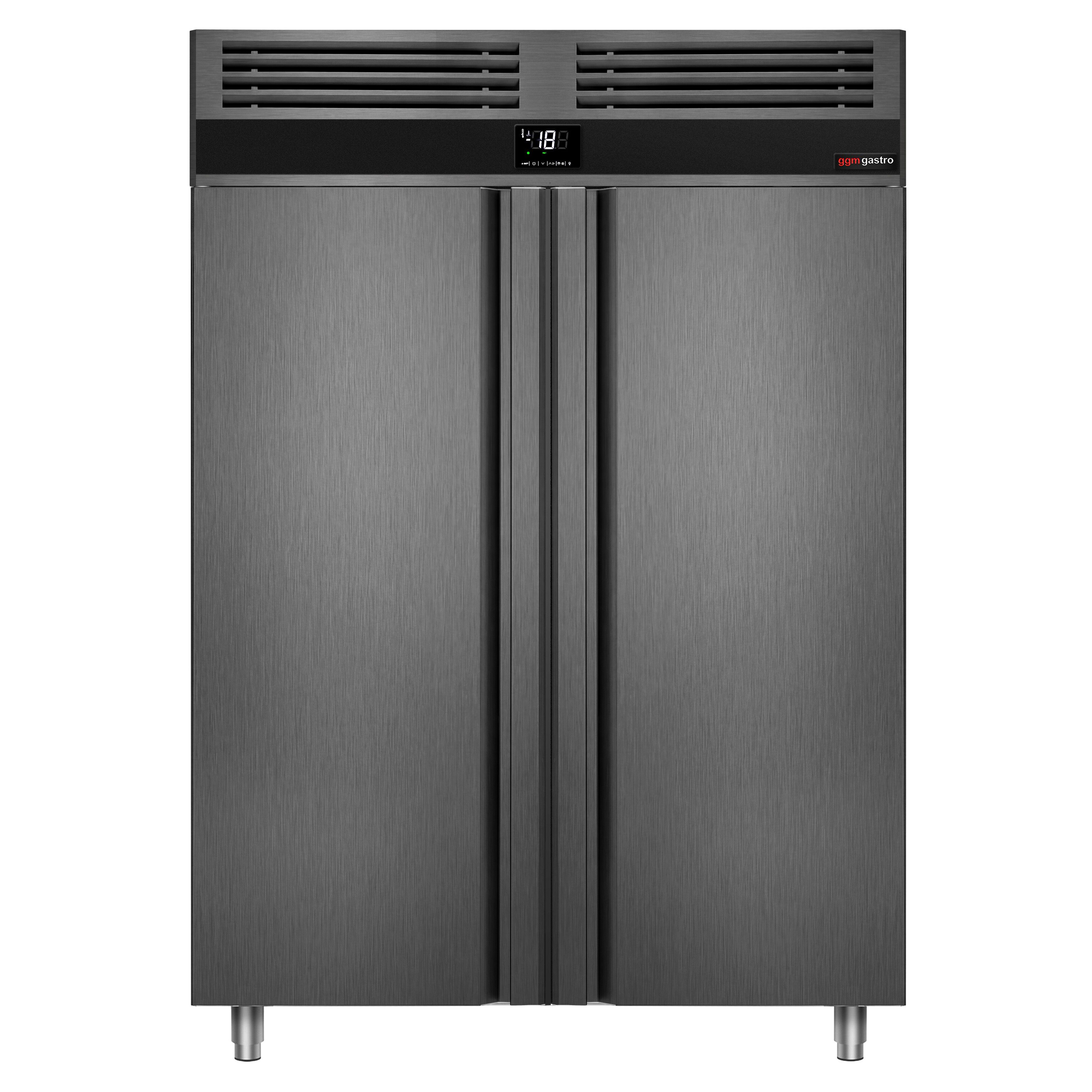 Armoire réfrigérée négative en acier inoxydable AISI 430 PREMIUM - GN 2/1 - 1400 L - avec 2 portes vitrées & Glissières & 6 grilles - Anthracite
