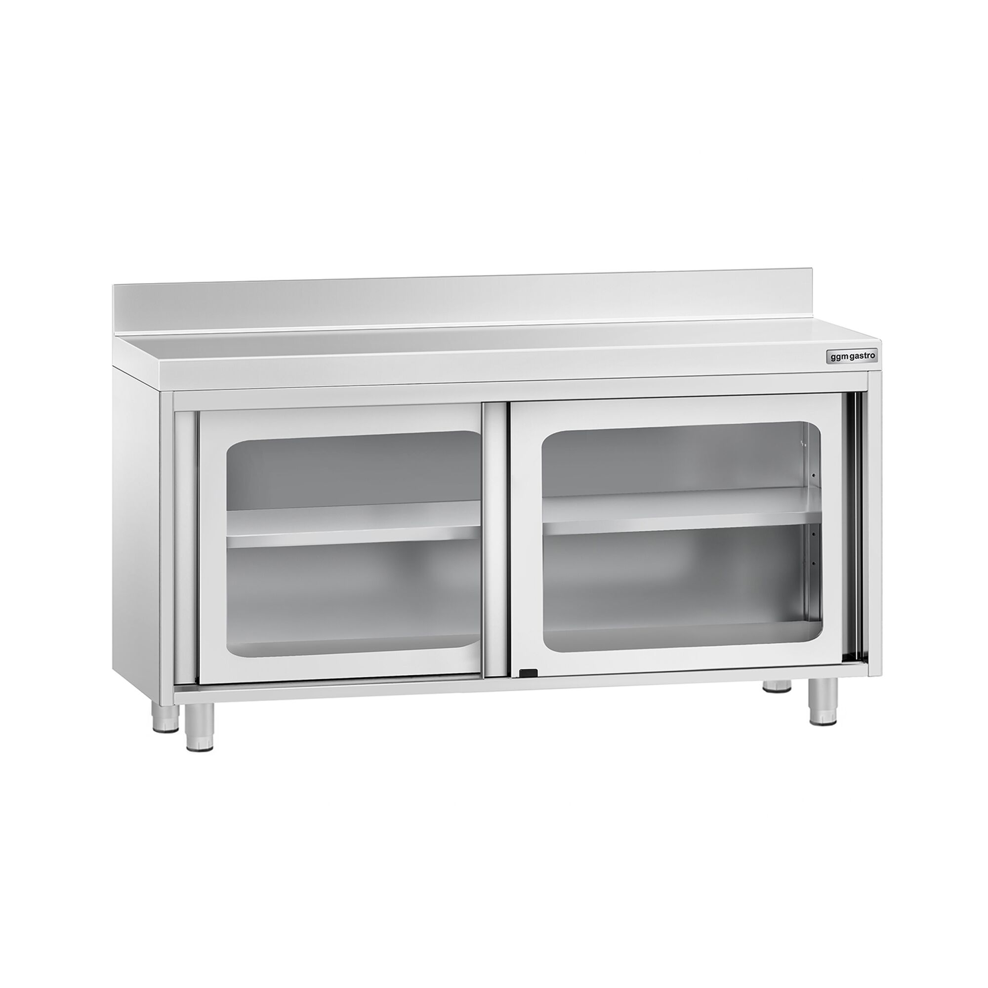 Table armoire en acier inoxydable PREMIUM - 1400x600mm - avec portes coulissantes vitrées - avec dosseret