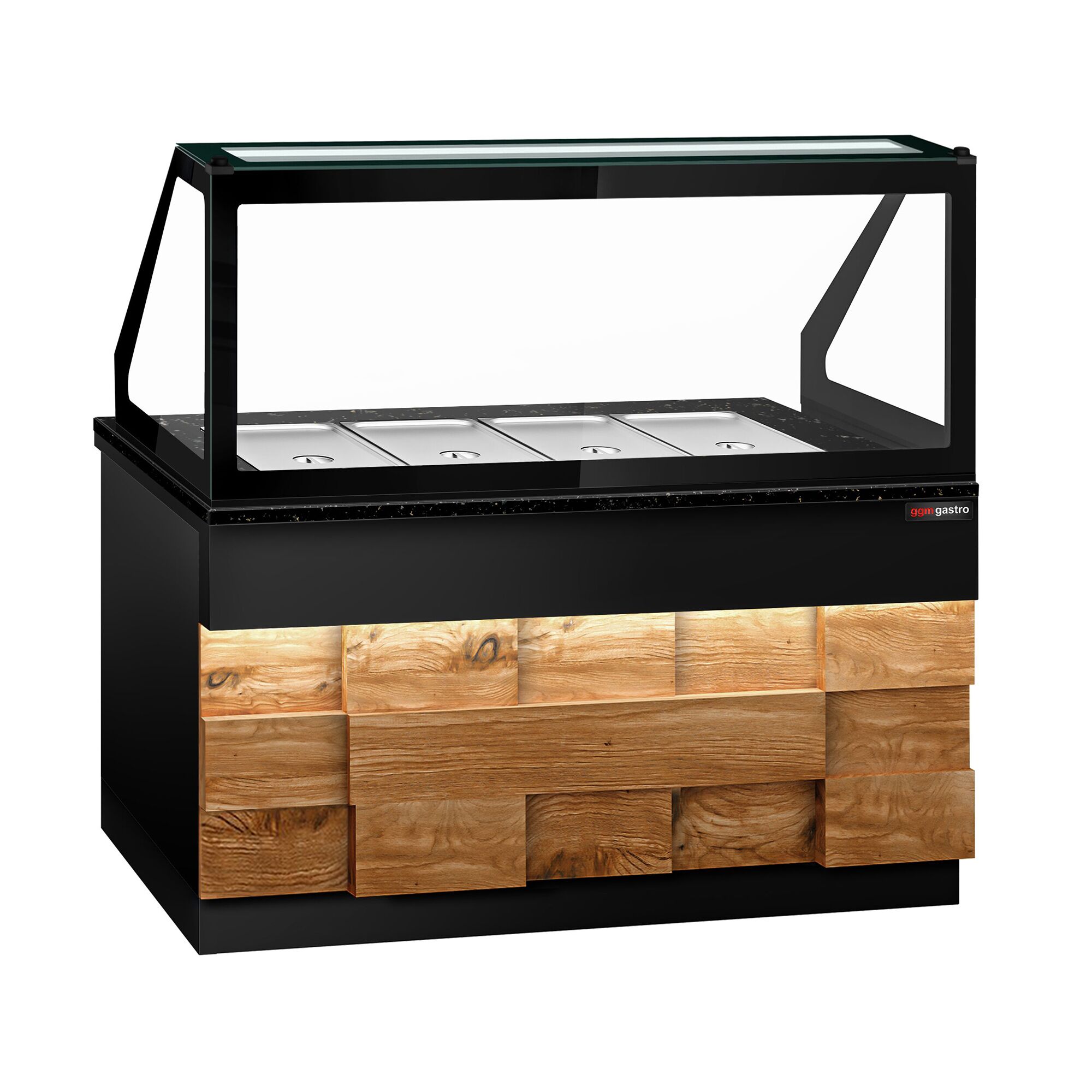 Saladette réfrigérée - 1500mm - façade décor bois naturel - 2 portes - avec vitrine de comptoir pour 4x GN 1/1 & 1 étagère - plan de travail en granit noir