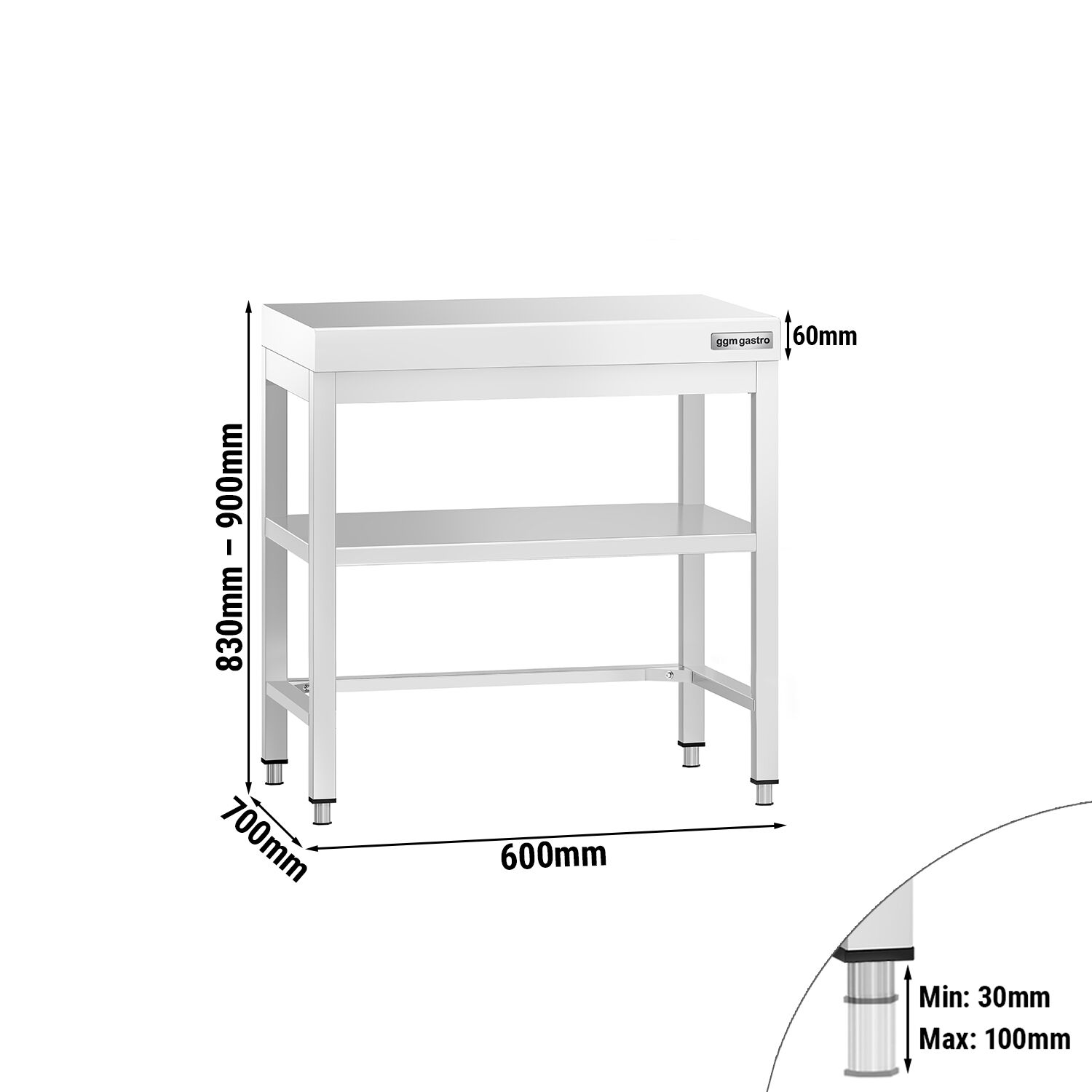 Table de travail inox PREMIUM - 600 x 700 mm - avec tablette inférieure & Renforts