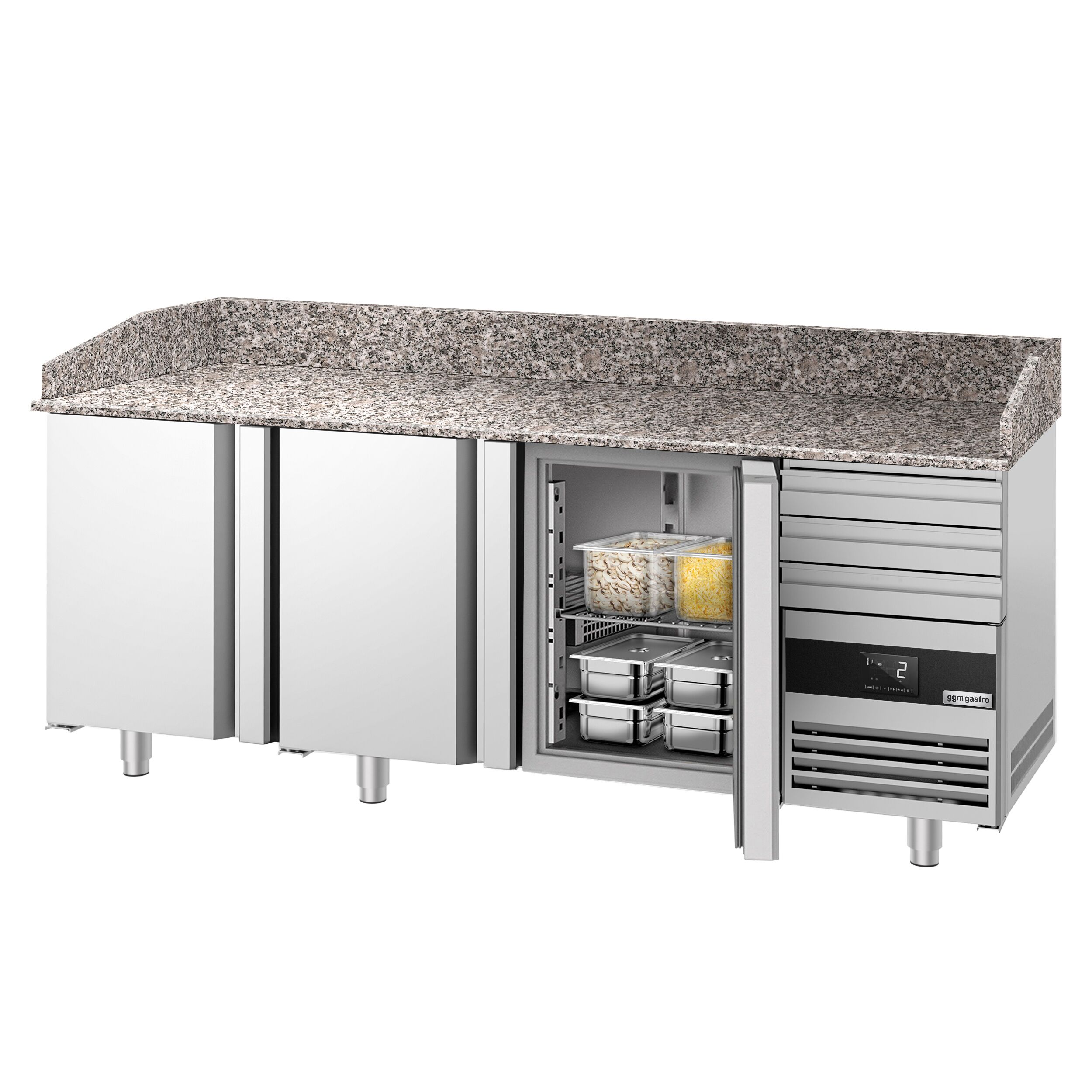 Commercial Pizza Prep Counter - Granite Top PREMIUM - 2150x800mm - with 3 doors & 3 drawers