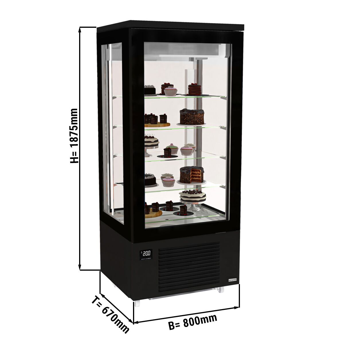 4-Sided Glass Display Fridge - 400L - 800mm - Double glazing - square - with 4 glass shelves - 1 rear glass door - Black