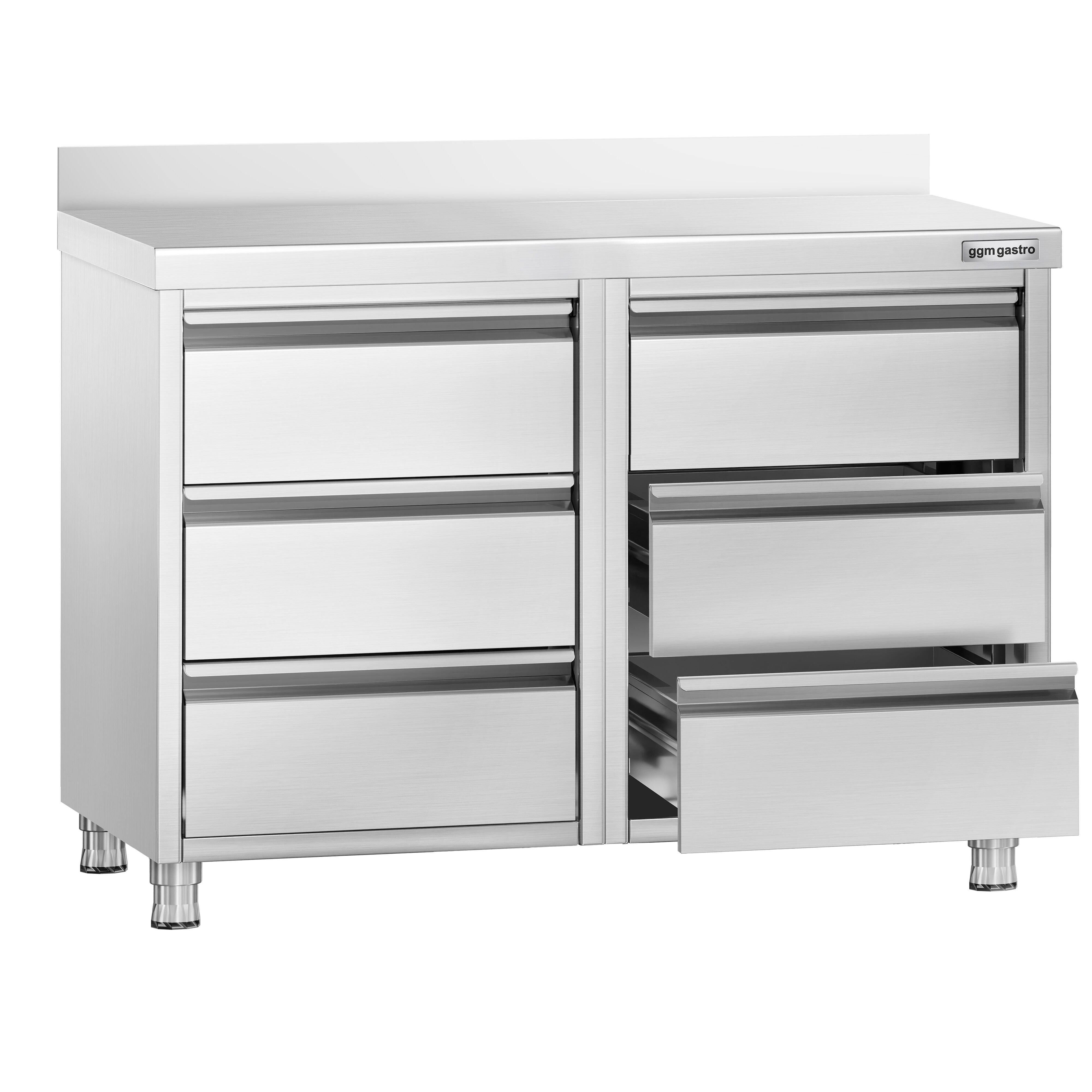 Meuble bas à tiroirs PREMIUM - Acier inoxydable - avec 6 tiroirs & dosseret 100mm - 1000x600mm