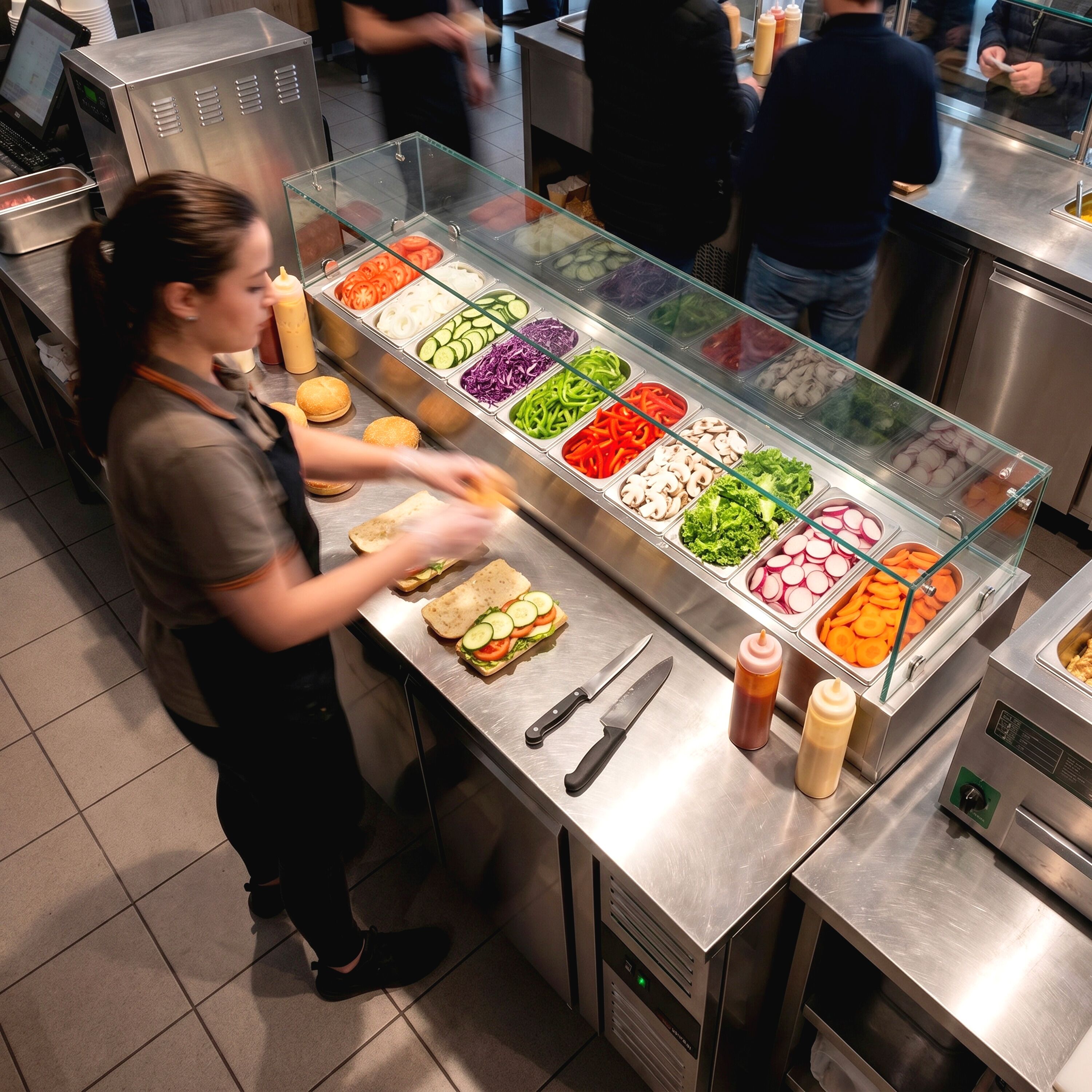 Commercial Pizza Prep Counter PREMIUM - 2020x800mm - 3 Doors - with Glass topper - for 10x GN 1/3
