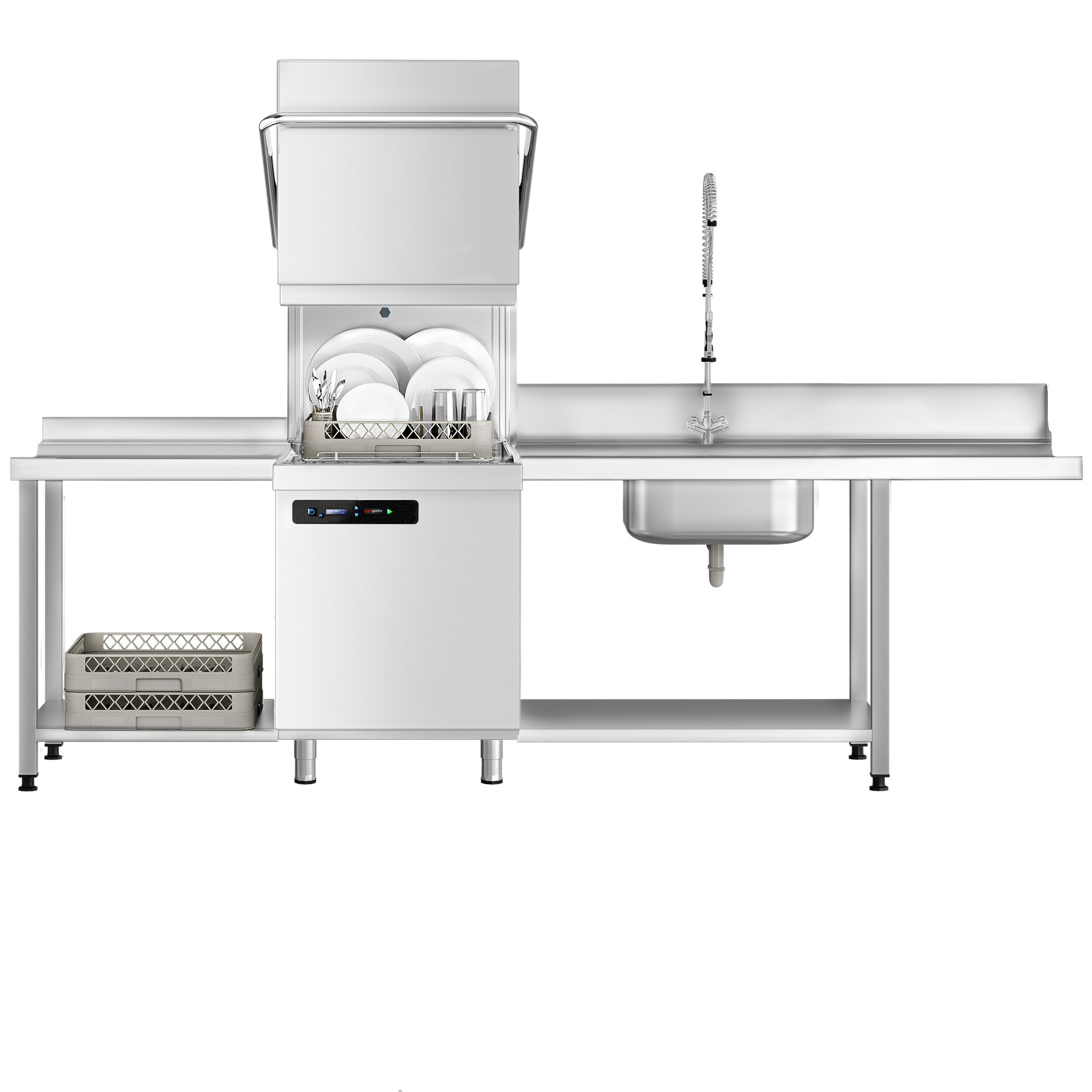 Lave-vaisselle à capot – Numérique – 7,1 kW – avec table d’entrée à droite, table de sortie à gauche et adoucisseur inclus – avec pompe de détergent, de rinçage et de vidange