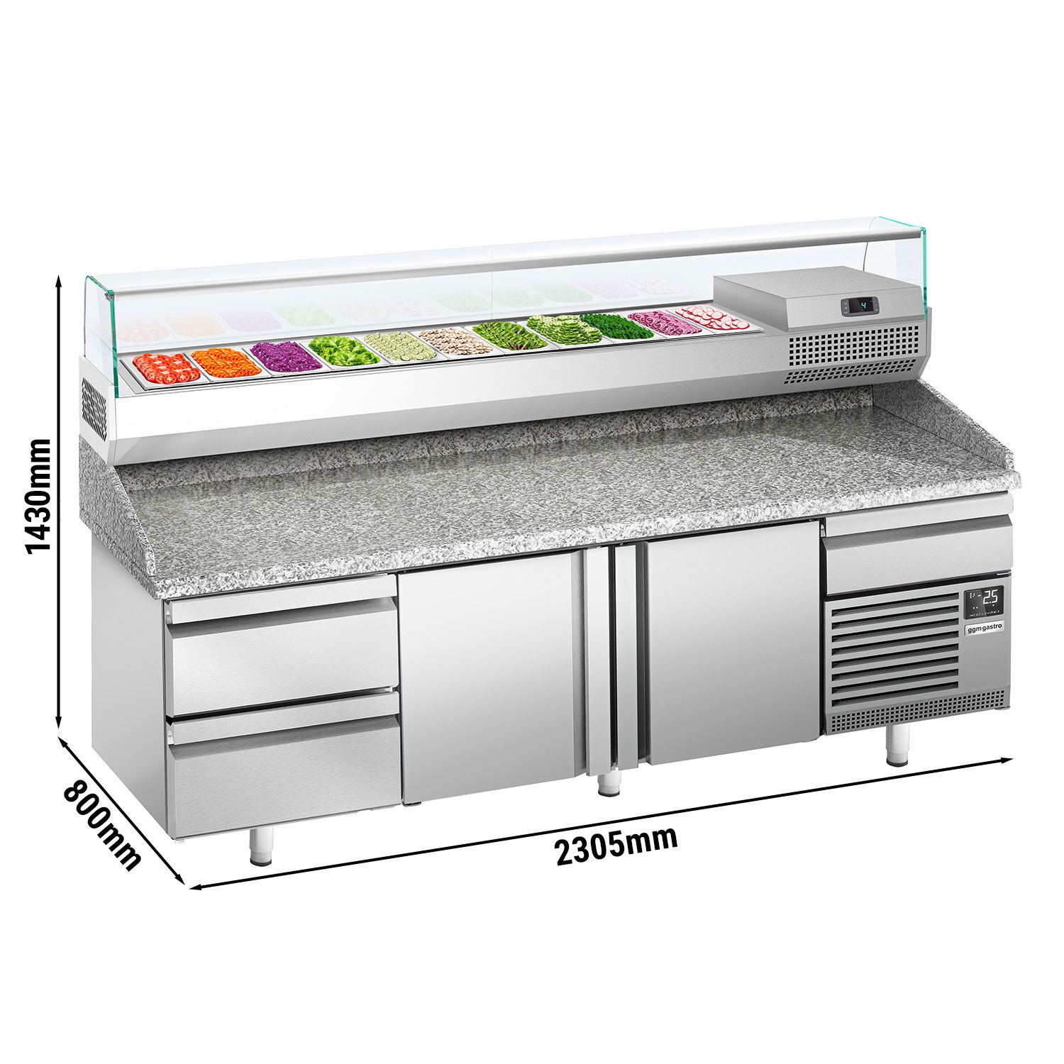 Table réfrigérée à pizza Premium PLUS - 2305x800 mm - avec 2 portes & 3 tiroirs - incl. vitrine réfrigérée pour ingrédients - 11x GN 1/4
