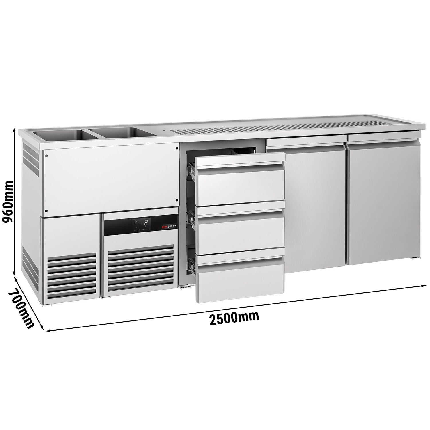 Comptoir de bar réfrigéré PREMIUM - 2500x700mm - 2 portes & 3 tiroirs