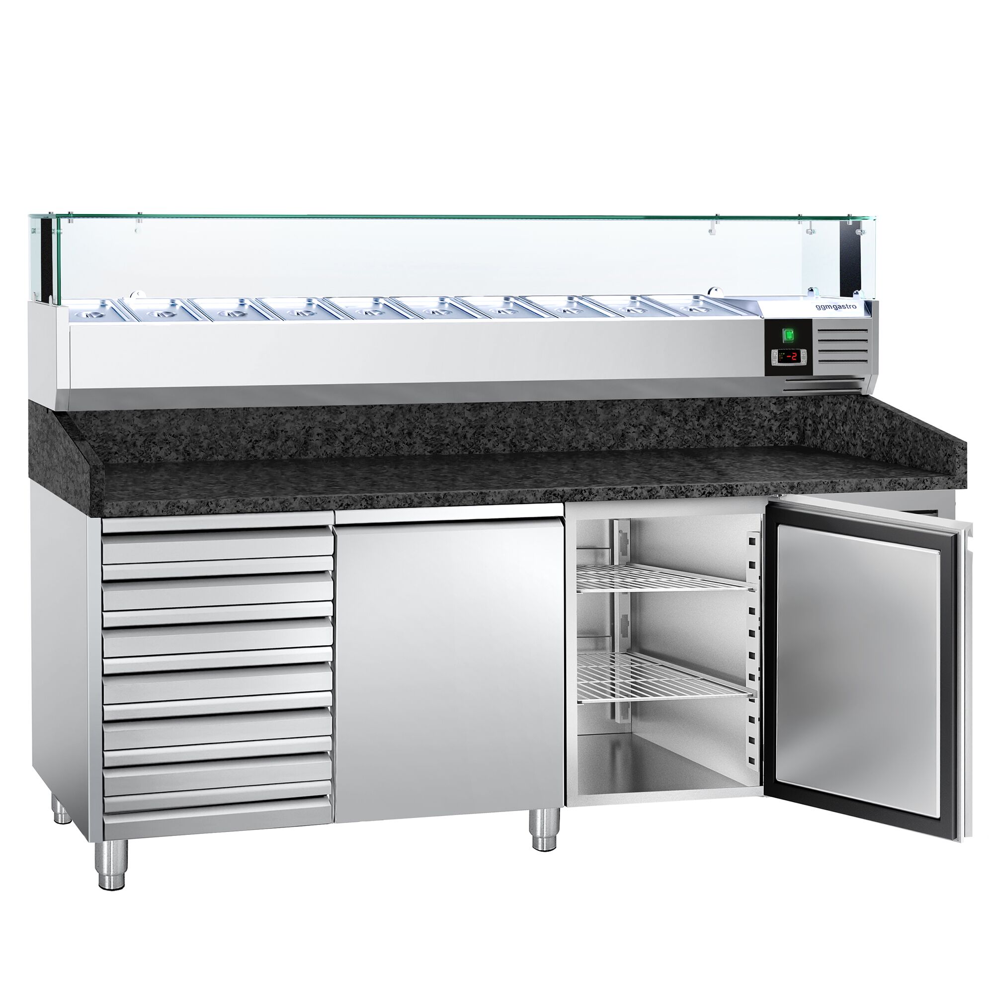 Table réfrigérée à pizza PREMIUM - 2000x800 mm - avec 2 portes & 7 tiroirs - incl. vitrine réfrigérée LED - 10x GN 1/4