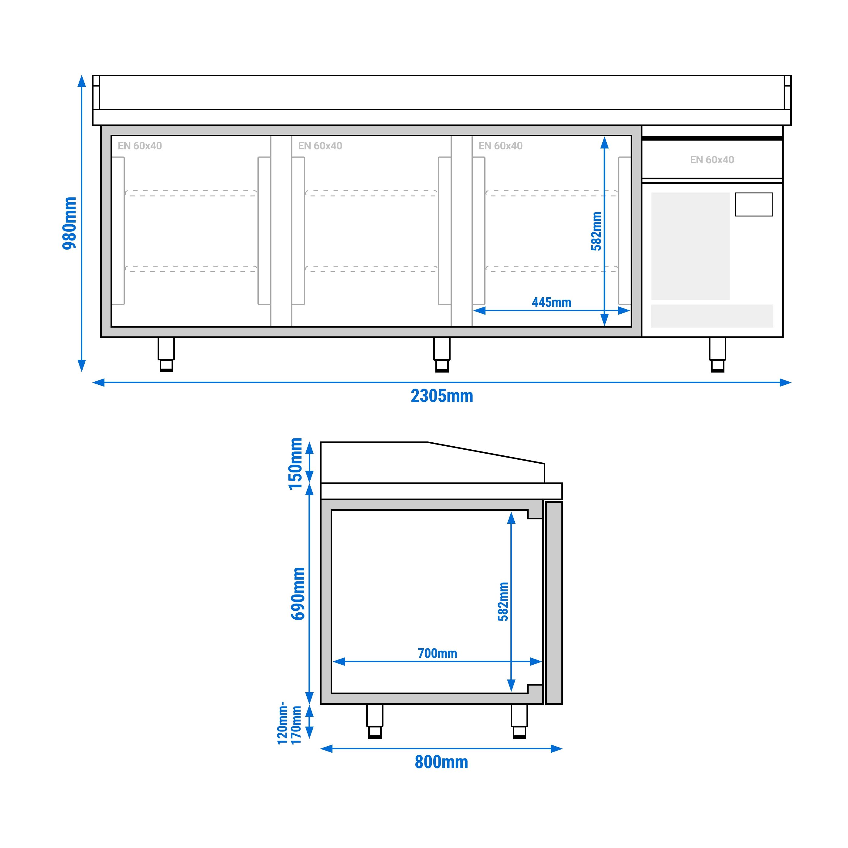 Pizzakylbänk PREMIUM PLUS - 2305x800 mm - granitskiva - med 3 dörrar & 1 låda