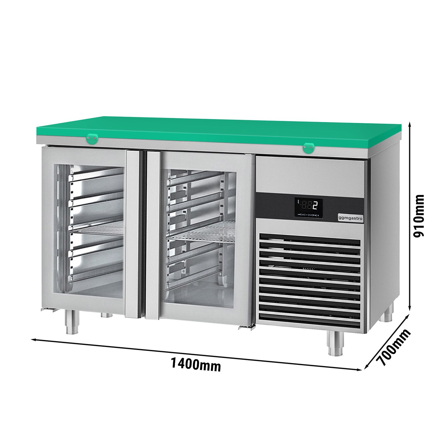 Table réfrigérée PREMIUM - 1400x700 mm - avec 2 portes vitrées - incl. planche à découper verte