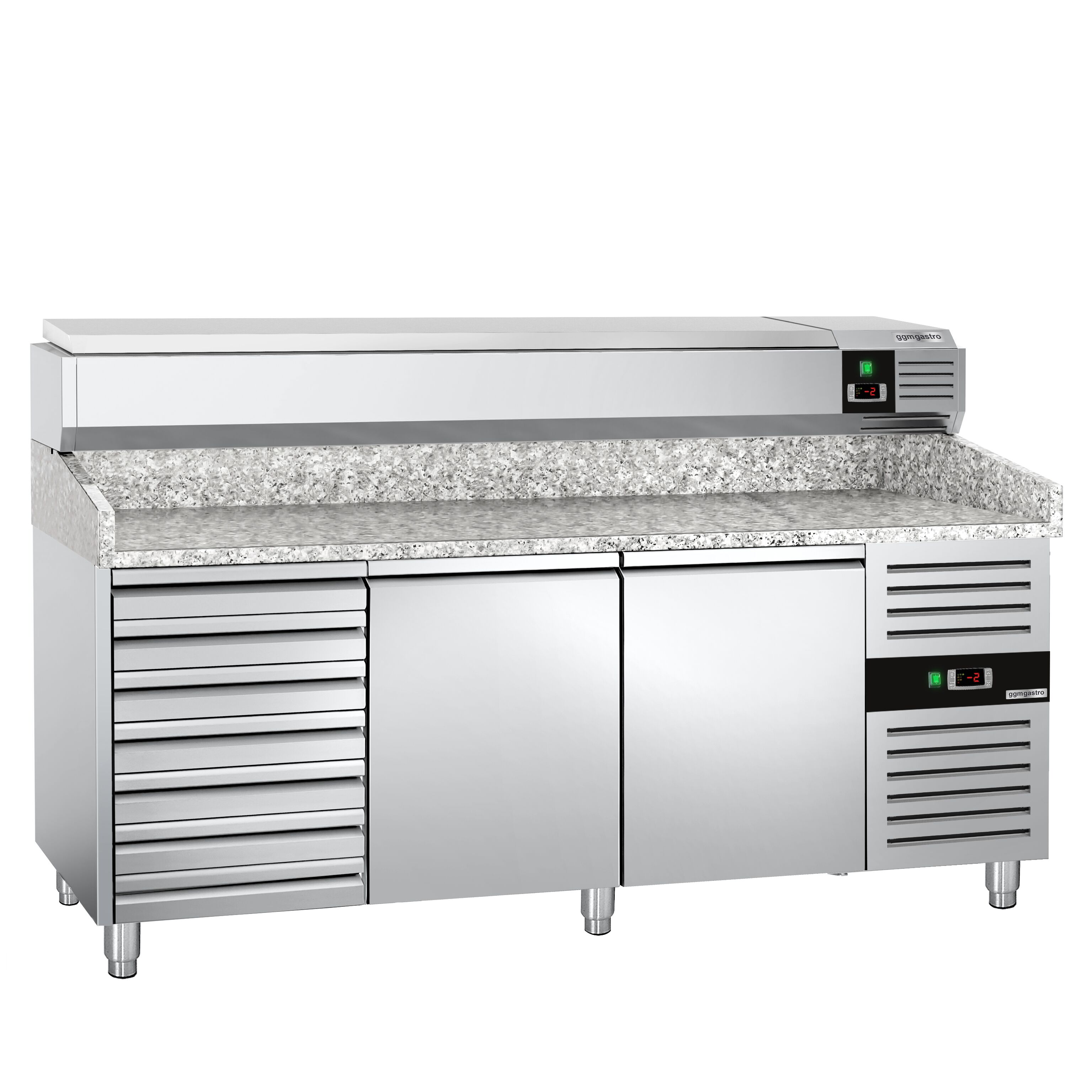 Table réfrigérée à pizza PREMIUM - 2000 x 800 mm - avec 2 portes et 7 tiroirs - incl. vitrine réfrigérée - 10 x GN 1/4