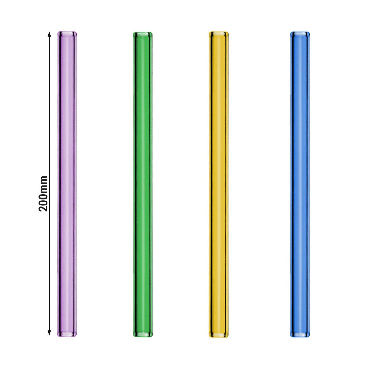 (48 pièces) Pailles en verre – droites – 200 mm – 4 couleurs – incl. brosse de nettoyage en nylon