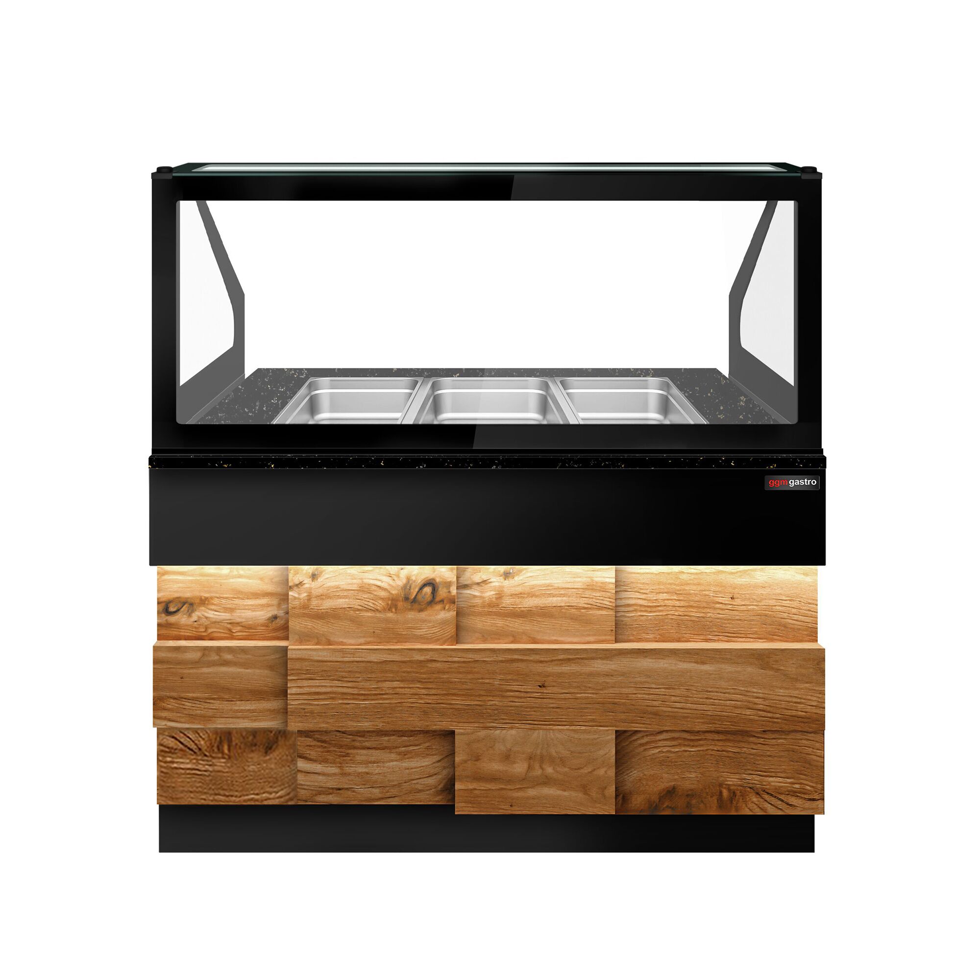 Saladette réfrigérée - 1250mm - façade décor bois naturel - 2 portes - avec vitrine de comptoir pour 3x GN 1/1 & 1 étagère - plan de travail en granit noir